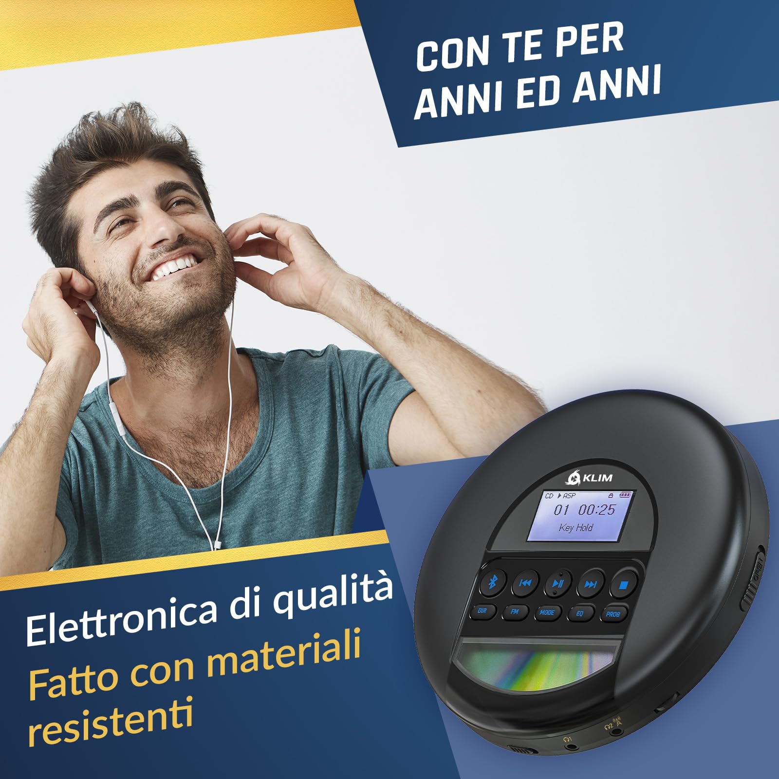 KLIM Nomad - Lettore CD Portatile - Batteria a Lunga Durata - Include Auricolari KLIM Fusion - Compatibile con CD-R, CD-RW, MP3 - Lettore SD, Radio FM, Bluetooth - Ideale per Auto - Hi-Fi - Nero Blu