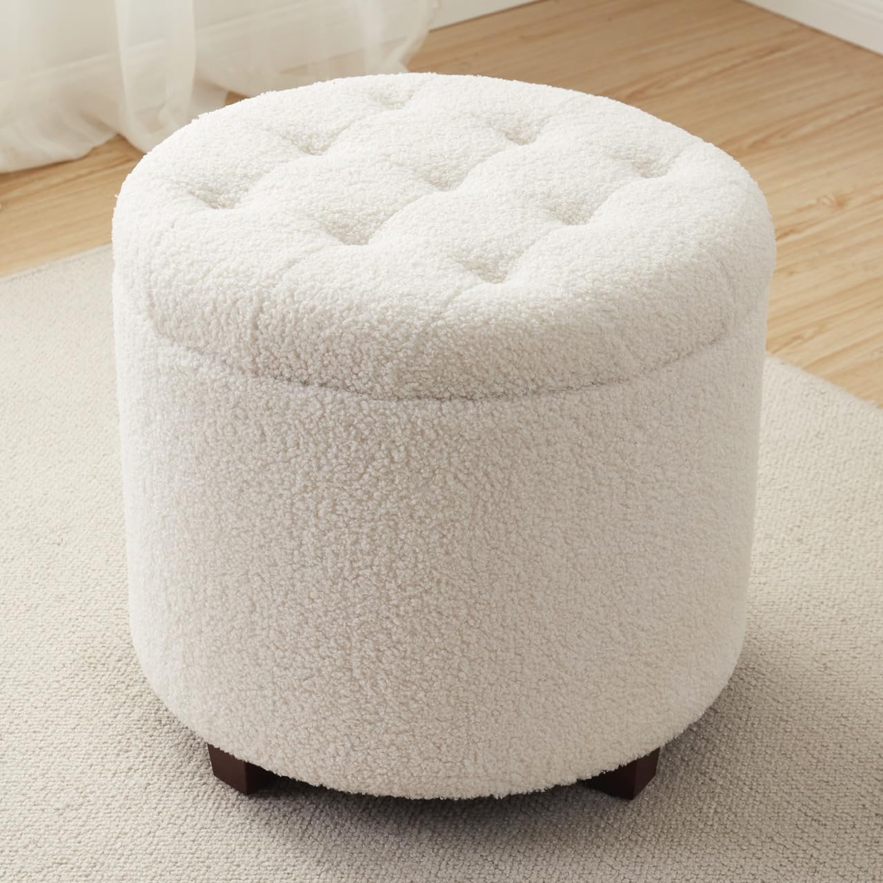 Ornavo Home Decor Round Ottoman with Storage, Round Vanity Chair Stool Ottoman Pouf with Storage for Living Room and Bedroom, Boucle White