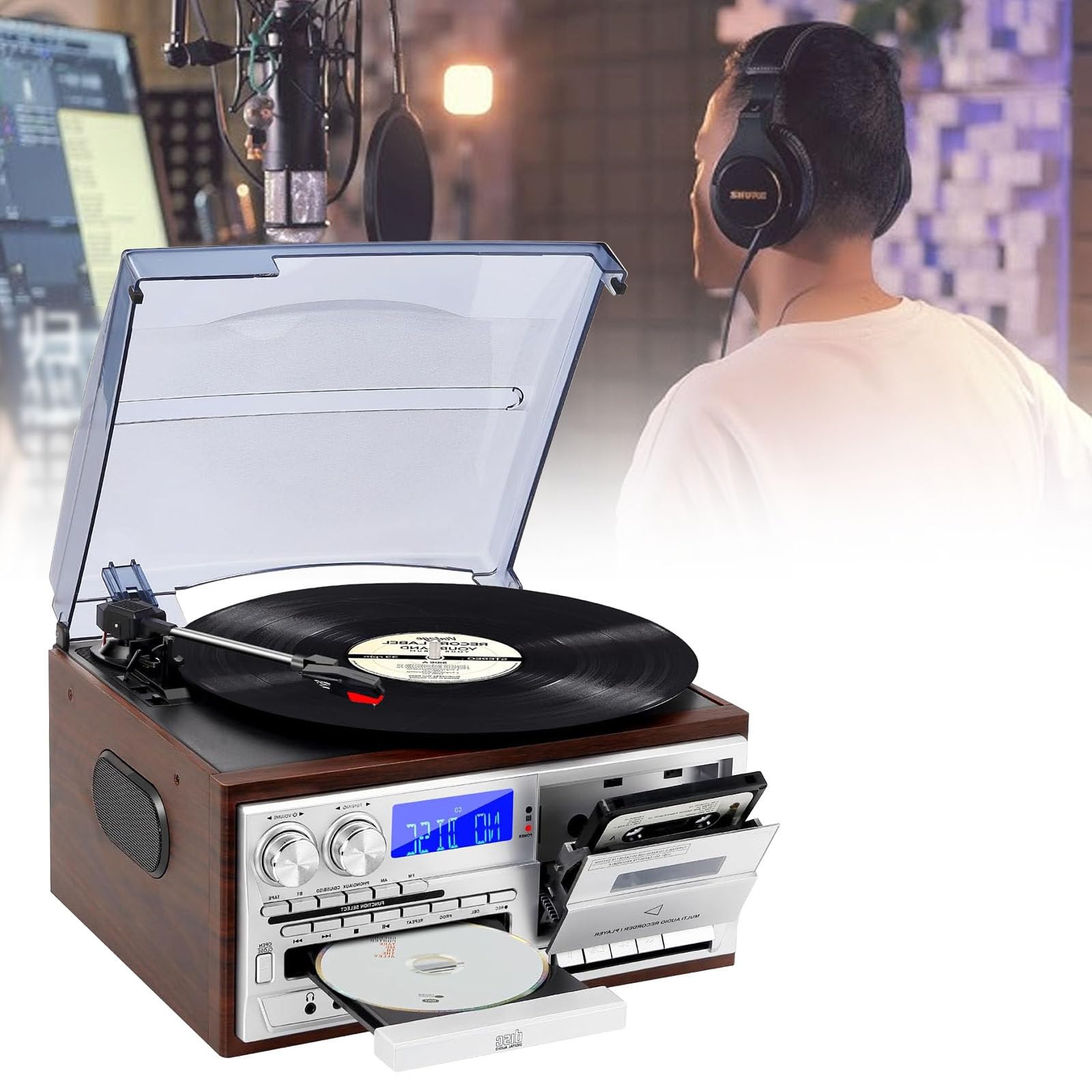 Giradischi in Vinile con Altoparlanti, Giradischi A 3 velocità con Riproduzione CD/Cassette, Radio Am/FM, Riproduzione USB/SD, Fonografo Portatile, Dispositivo Audio retrò Completamente,Silver