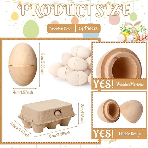 Miniatura 2 de PullCrease 24 huevos de madera de Pascua, huevos de gallina de madera huecos, huevos falsos rellenables sin terminar con cartones de huevos de papel