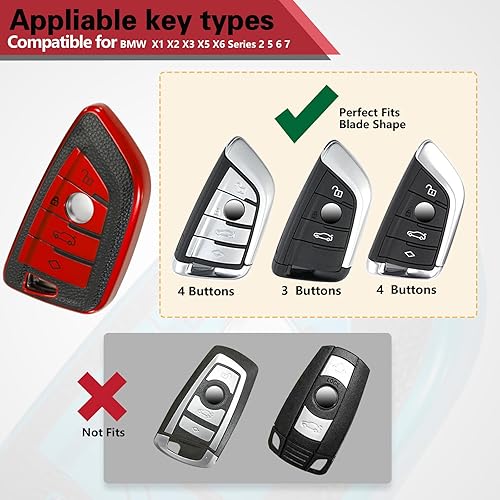 Miniatura 5 de Llavero para BMW con llavero de cuero, con forma de hoja avanzada, superficie de TPU suave de grano de cuero para llave inteligente BMW (rojo)