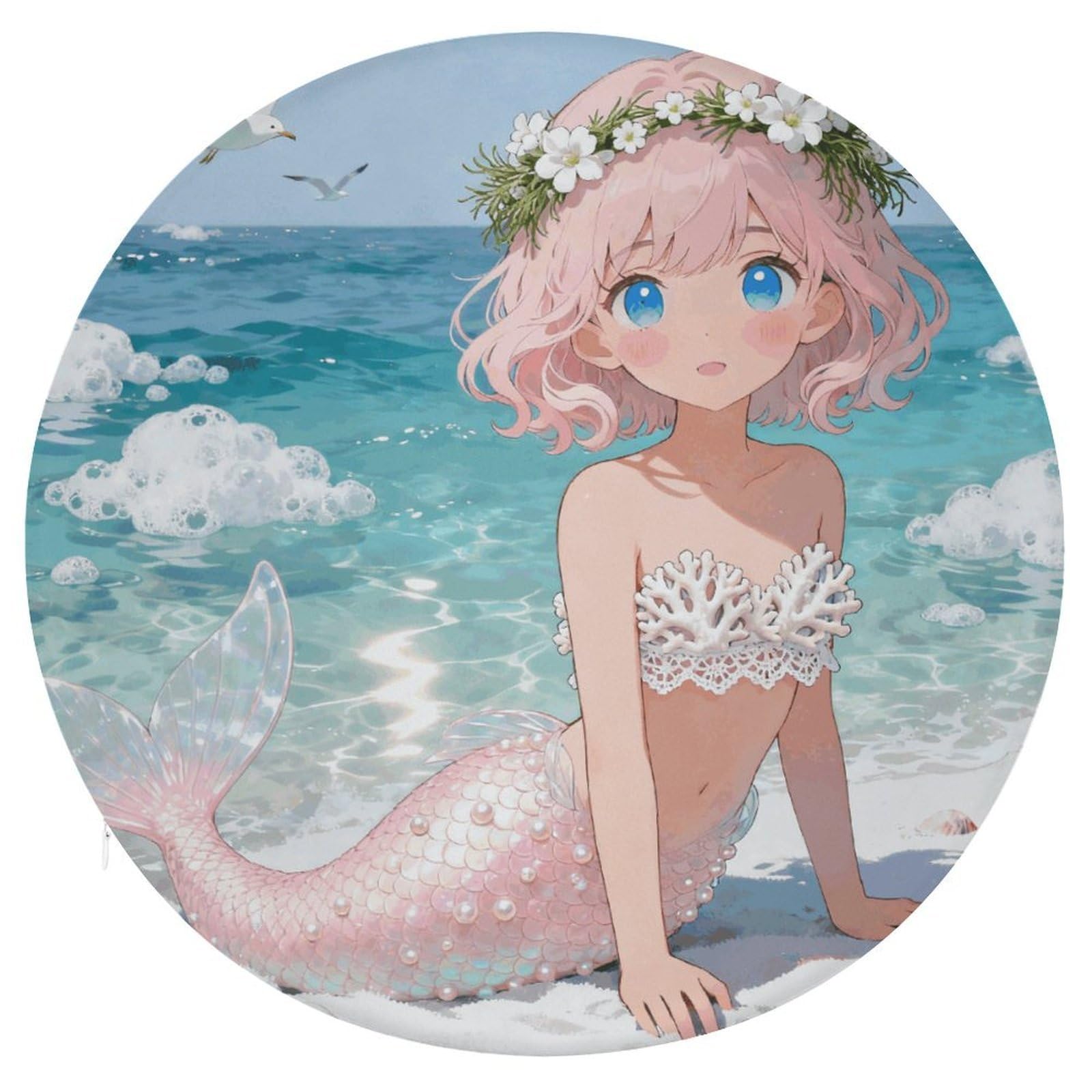 LZQPOEAS Mermaid Round Chair Cushion 15 Inch, Detachable Memory Foam Seat Cushion,Circle Stool Cushion, Soft Round Chair Pad with Removable Cover