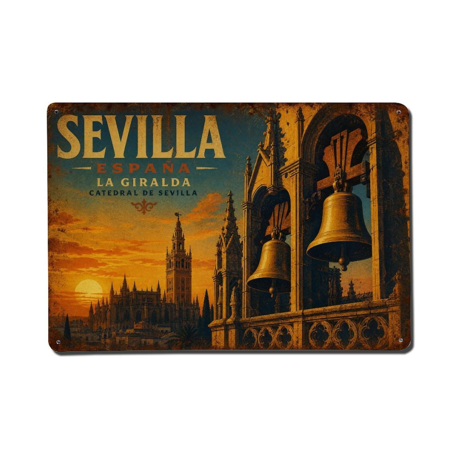 Yrnq 08X12inch Vintage Style Vintage Cathedral Bells Ringing Tower Sunset Spain Metal Tin Sign