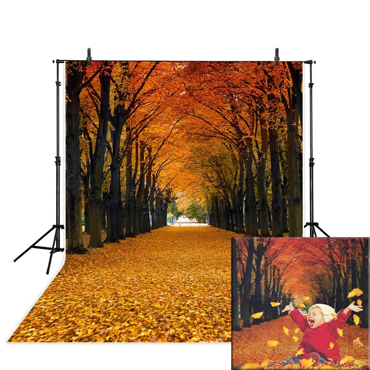 Funnytree5 x 7 ft Durable Fabric Maple Leaves Photography Backdrop Autumn Fallen Yellow Tunnel Scenery Natural Season Background Fall Tree Street Road Photo Studio Props Photobooth Poster Photoshoot
