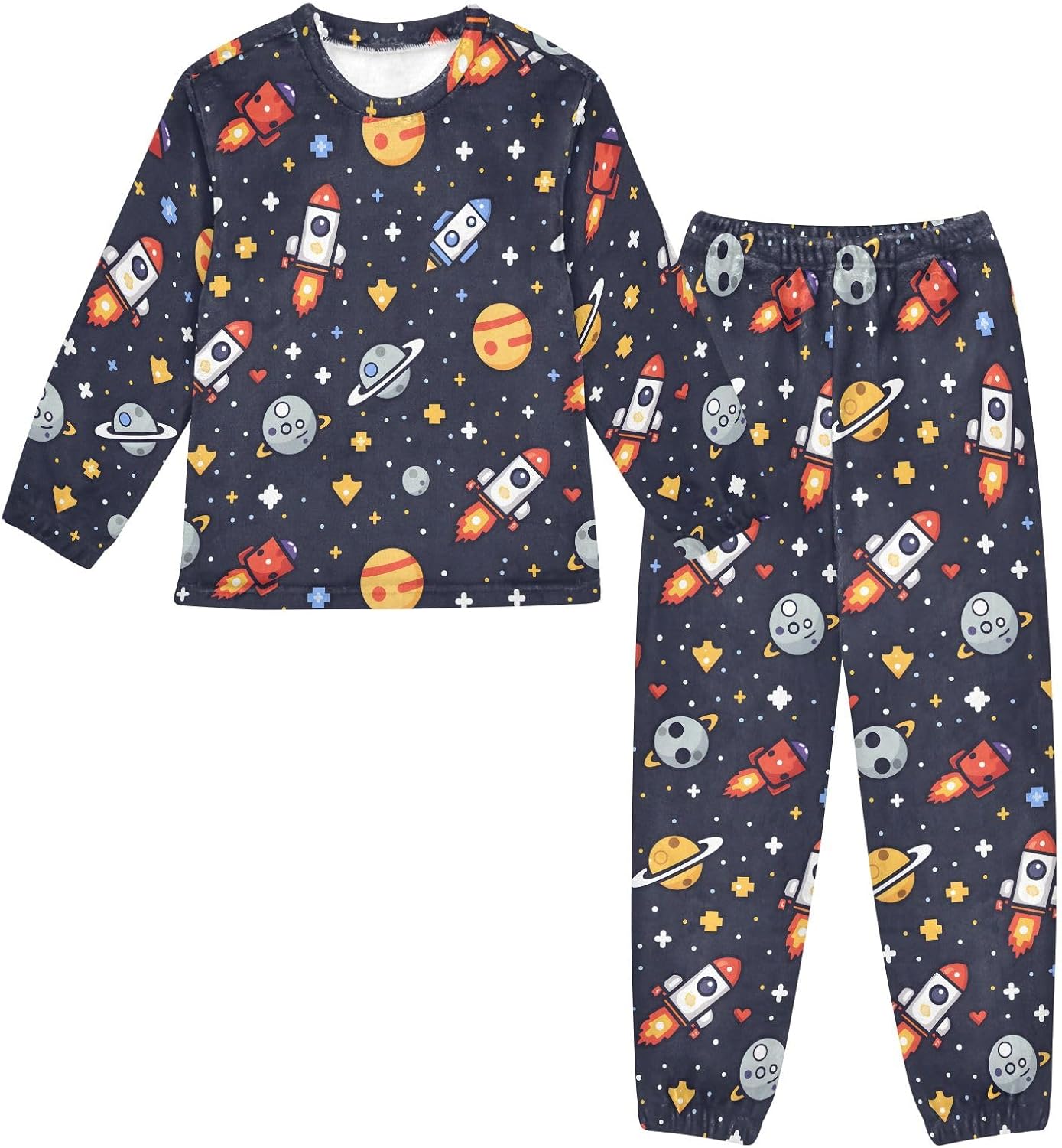 Kids Flannel Sets Rocket Planet Stars Warm Plush Relaxed Clothing for Boys and Girls