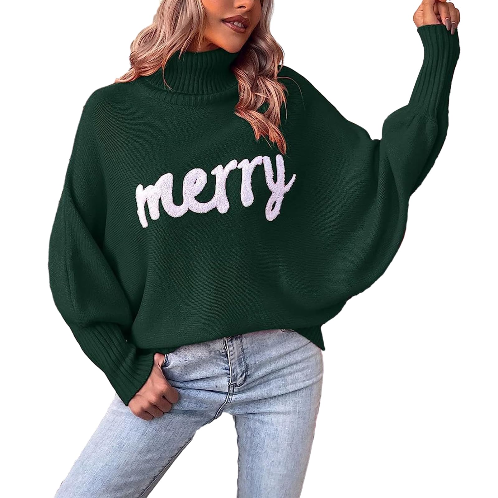 Merry Christmas Sweater for Women 2025 Long Batwing Sleeve Turtleneck Oversized Pullover Jumper Fall Winter Knit Tops