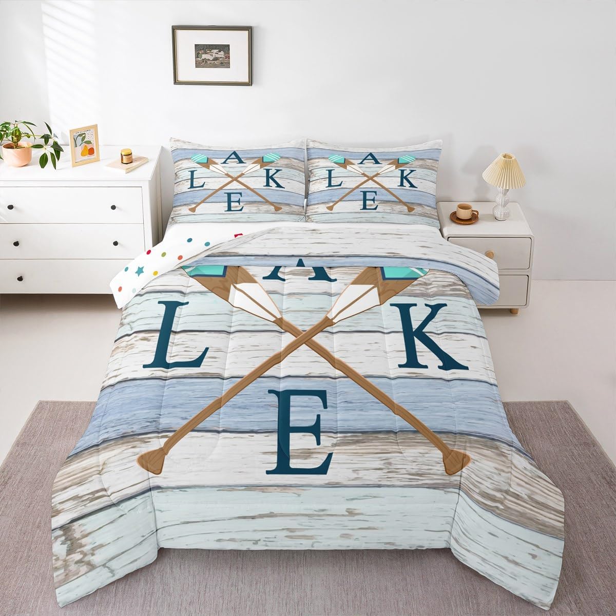 Castle Fairy Lake Boating Comforter Set for Kids Room Decor Lodge Cabin Wooden Stripes Bedding Comforter Full Size Stripe Oar Rustic Style Soft Polyester Quilt Set with 2 Pillowcases