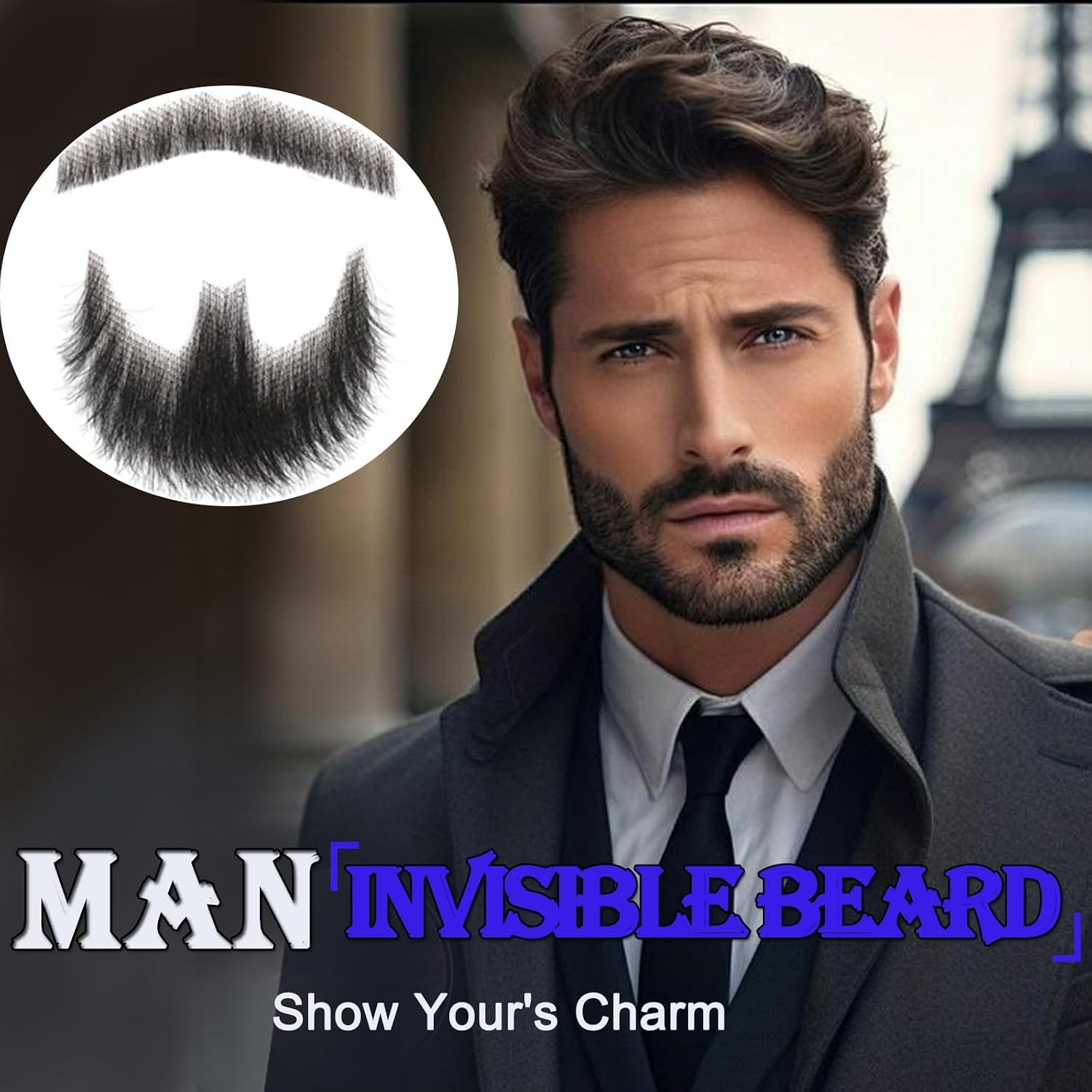 Fake Beard Realistic Beard 100% Human Hair Fake Face Beard Realistic Full Hand Tied Costume Facial Hair for Man、Adults Lace Invisible Fake Mustache for Halloween Drama Party Movie Makeup(Black)