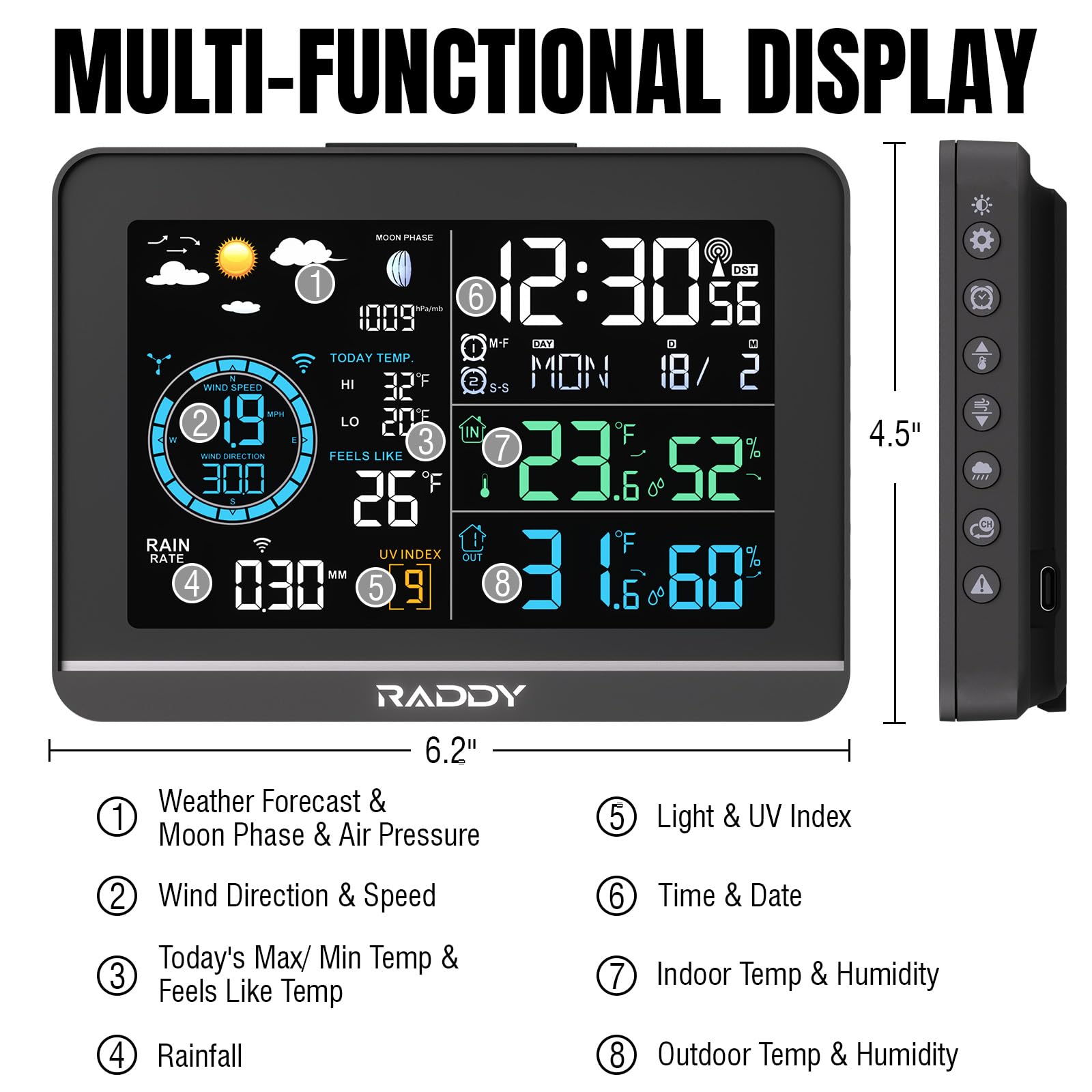 Raddy UV-6 Estación Meteorológica Profesional con Pantalla VA de 6" y Sensor Exterior, Termohigrómetro Inalámbrico Interior/Exterior, Reloj Atómico, Índice UV y Luz, Anemómetro, Pluviómetro
