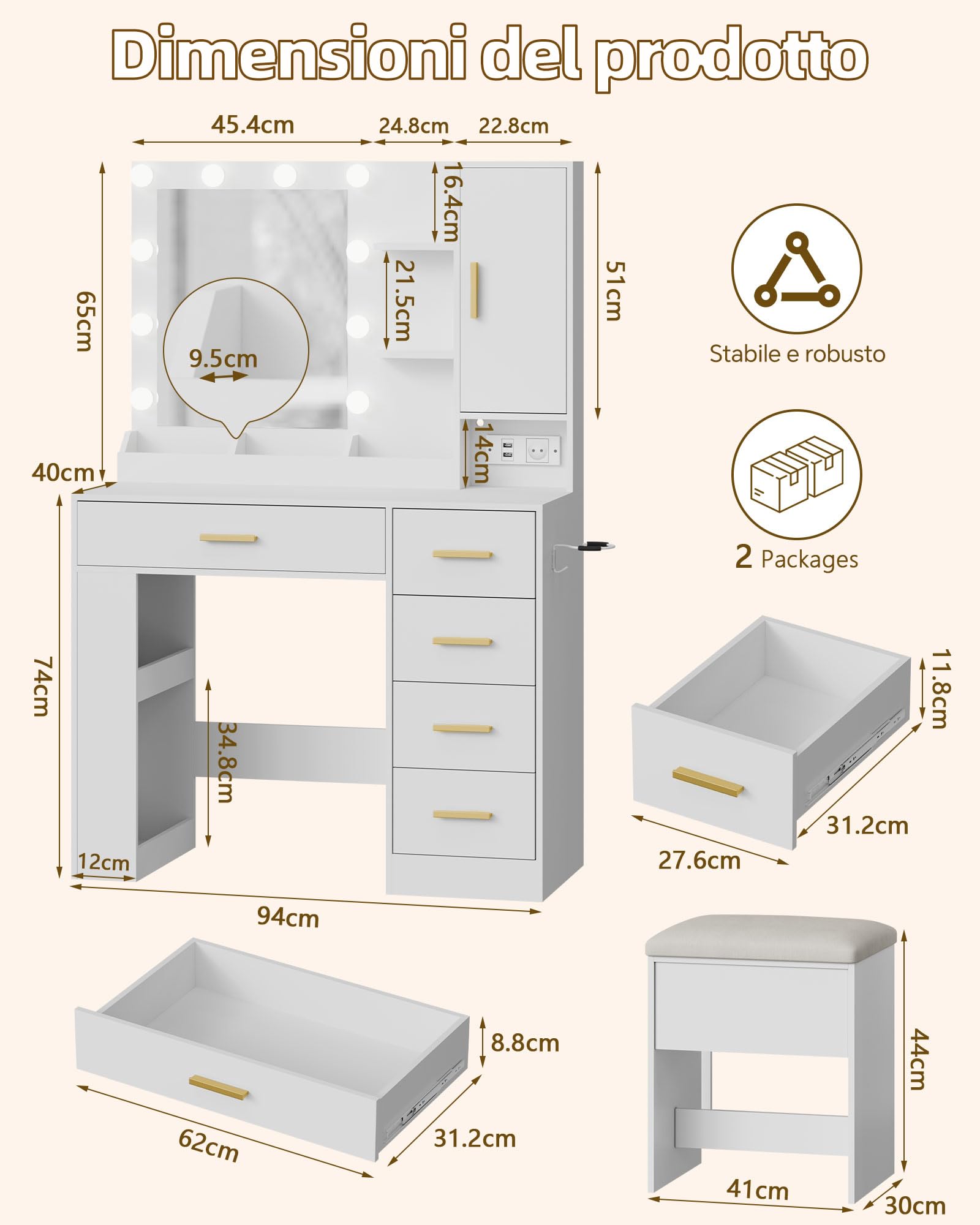 Toeletta con Specchio e Illuminazione, Tavolo da Trucco con Sgabello, Presa Elettrica e Porte USB, Toeletta con 5 Cassetti, Armadietto per Gioielli, Ripiani Aperti e Supporto per Asciugacapelli, Bianc