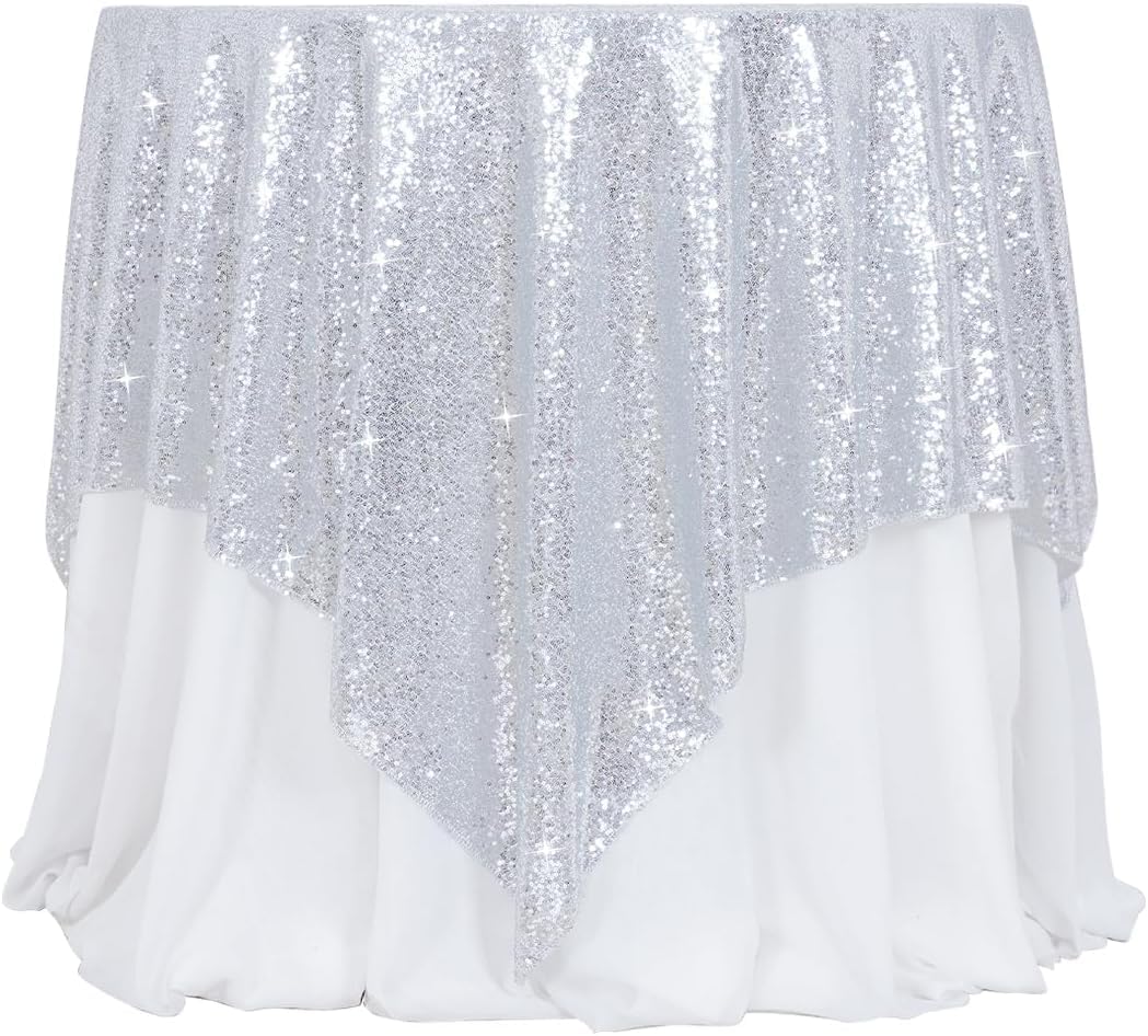 Nappe à paillettes argentées 178x178 cm pour table rectangulaire de mariage et banquet