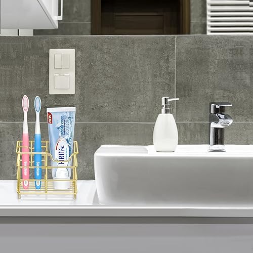 Miniatura 6 de HBlife Soporte pequeño para cepillos de dientes para baño, 5 ranuras de acero inoxidable dorado accesorios de baño organizador para espacios pequeños