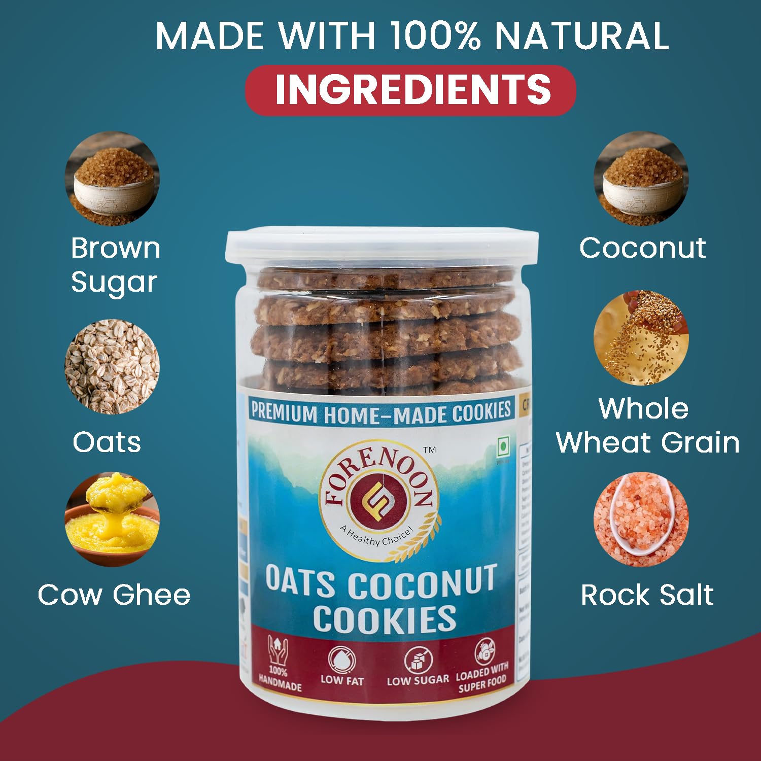 Fore Noon Coconut Oats Cookies with Real Coconut Flakes | Healthy High Fiber Biscuits | No Maida, No Refined Sugar, No Palm Oil | Made with Oats, Whole Wheat Flour & Cow Ghee | Crunchy, Fresh & Hygienic Tea Time Snack | | 100% Natural Ingredients | 100% Vegetarian | Pack of 1, (178 grams) 2