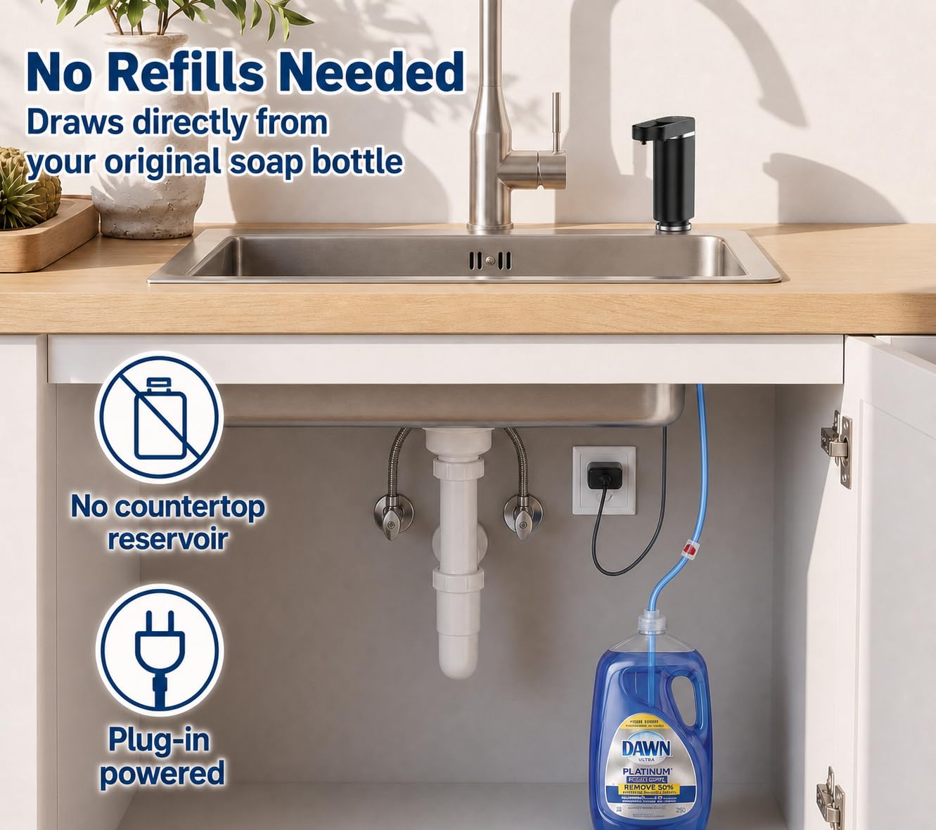 APEKX Dispenser automatico di sapone per piatti senza tocco: pompa elettrica per lavandino, a prova di perdite, universale, tubo da 89 cm, facile da installare, design elegante per cucina e bagno