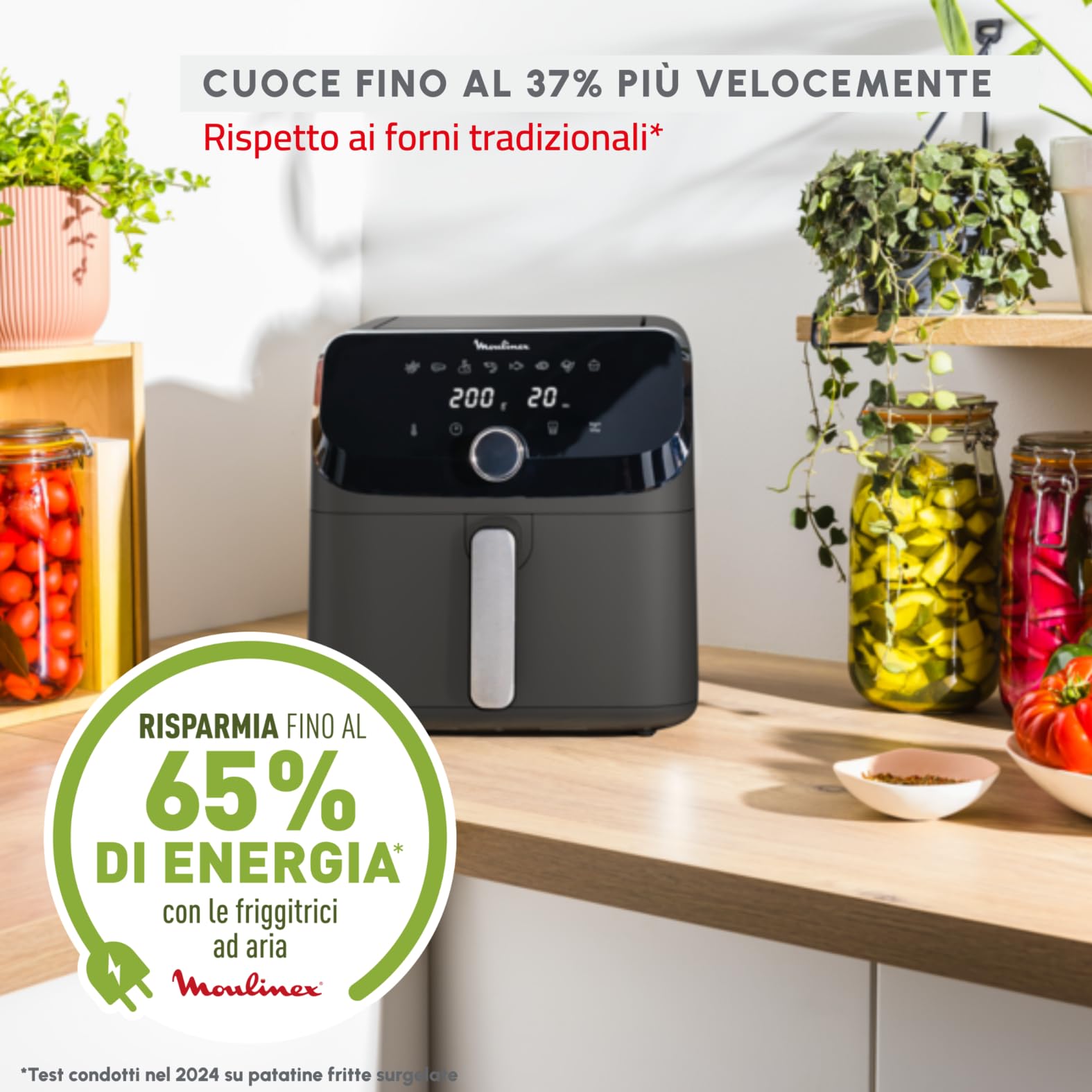 Moulinex Easy Fry Mega, Friggitrice ad Aria, Capacità Extra-Large 7.5 L, Fino a 8 Persone, 8 Programmi Preimpostati, Dimensioni Compatte, App con Ricette, Lavabile in Lavastoviglie, EZ855H, nera