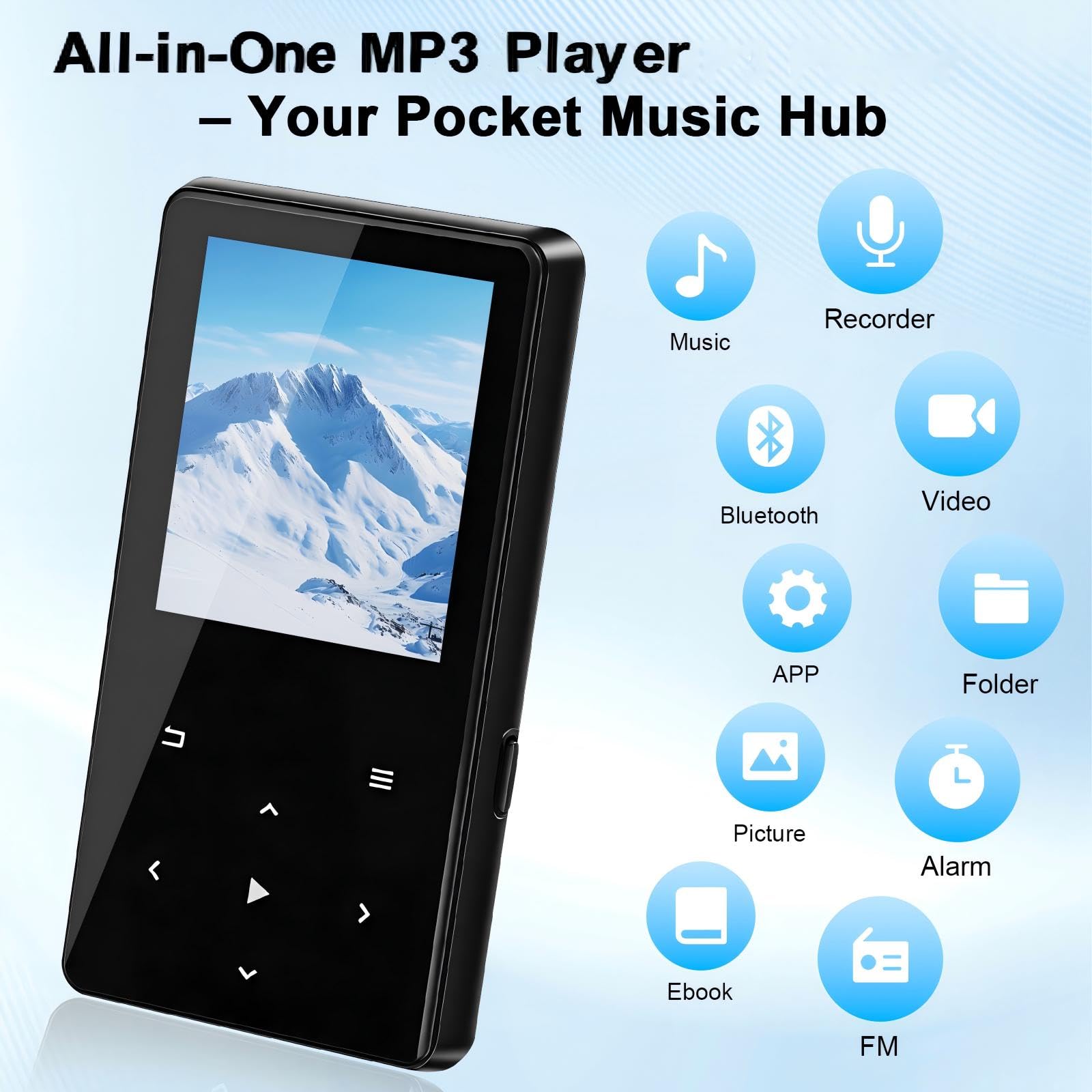 Lettore MP3 da 64 GB con Bluetooth, lettore musicale portatile con altoparlante, radio FM, audio HiFi, mini lettore audio digitale con cuffie incluse