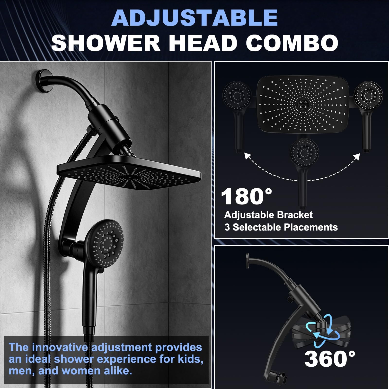Cabezal de ducha, cabezal de ducha de alta presión de 12 pulgadas, ducha de mano con brazo de extensión de 11 pulgadas, cabezal de ducha ajustable antifugas con soporte/manguera, altura/ángulo
