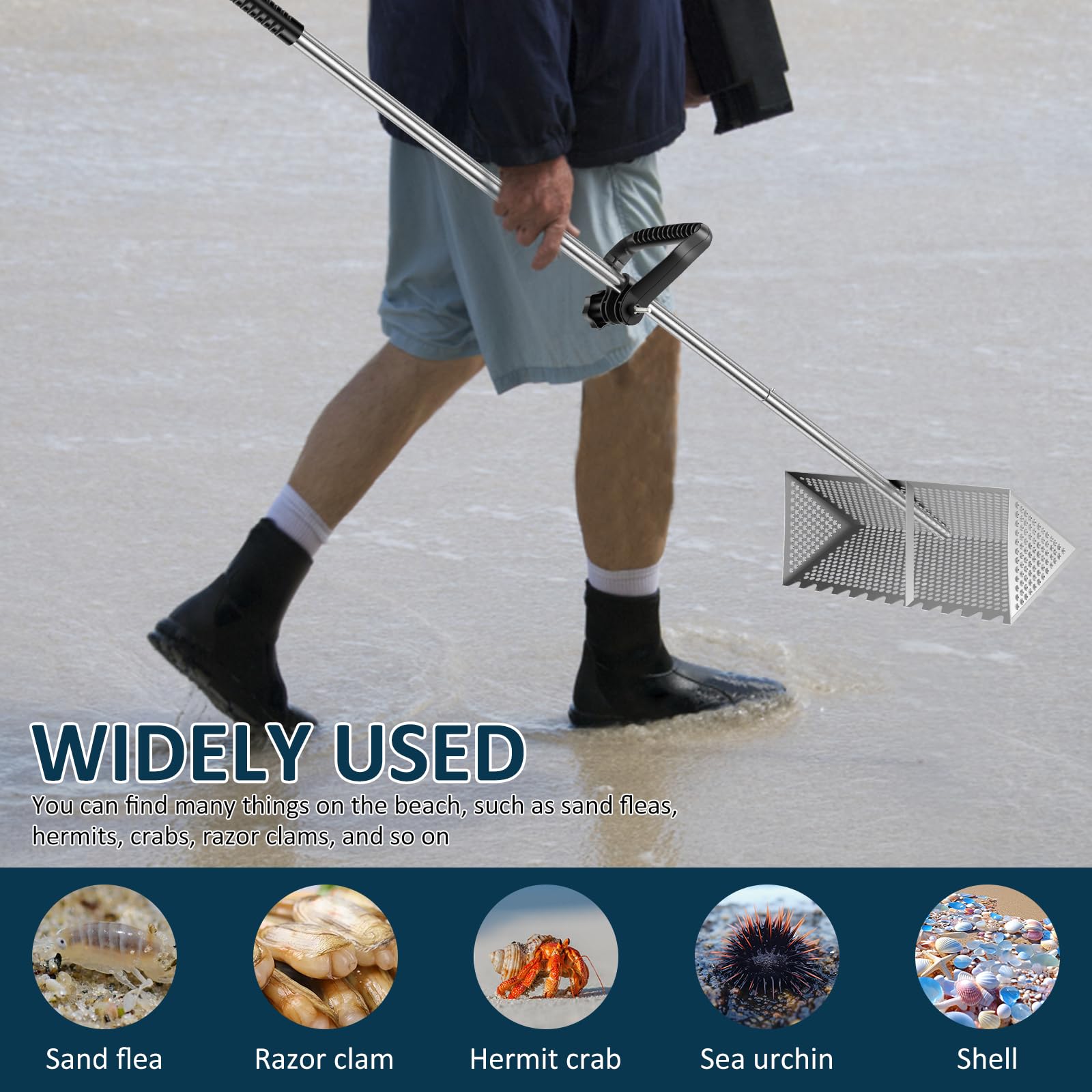 Tamis Jardinage Rateau Aquatique Sable De Plage Râteau à Puces De Sable - Acier Inoxydable, Tamis Hexagonaux, Poignée 140 Cm - Pour Plage Et Pêche Pierre D'argent Tamis Sable