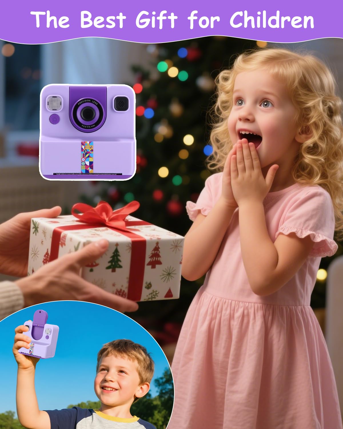 Appareil Photo Enfant, Appareil Photo Instantané Enfant, Kit avec 5 Rouleaux de Papier, 2.4" Écran, Vidéo 1080P et Selfie, Carte 32 Go, Cadeau Créatif pour Fille Garçon 3-12 Ans, Violet