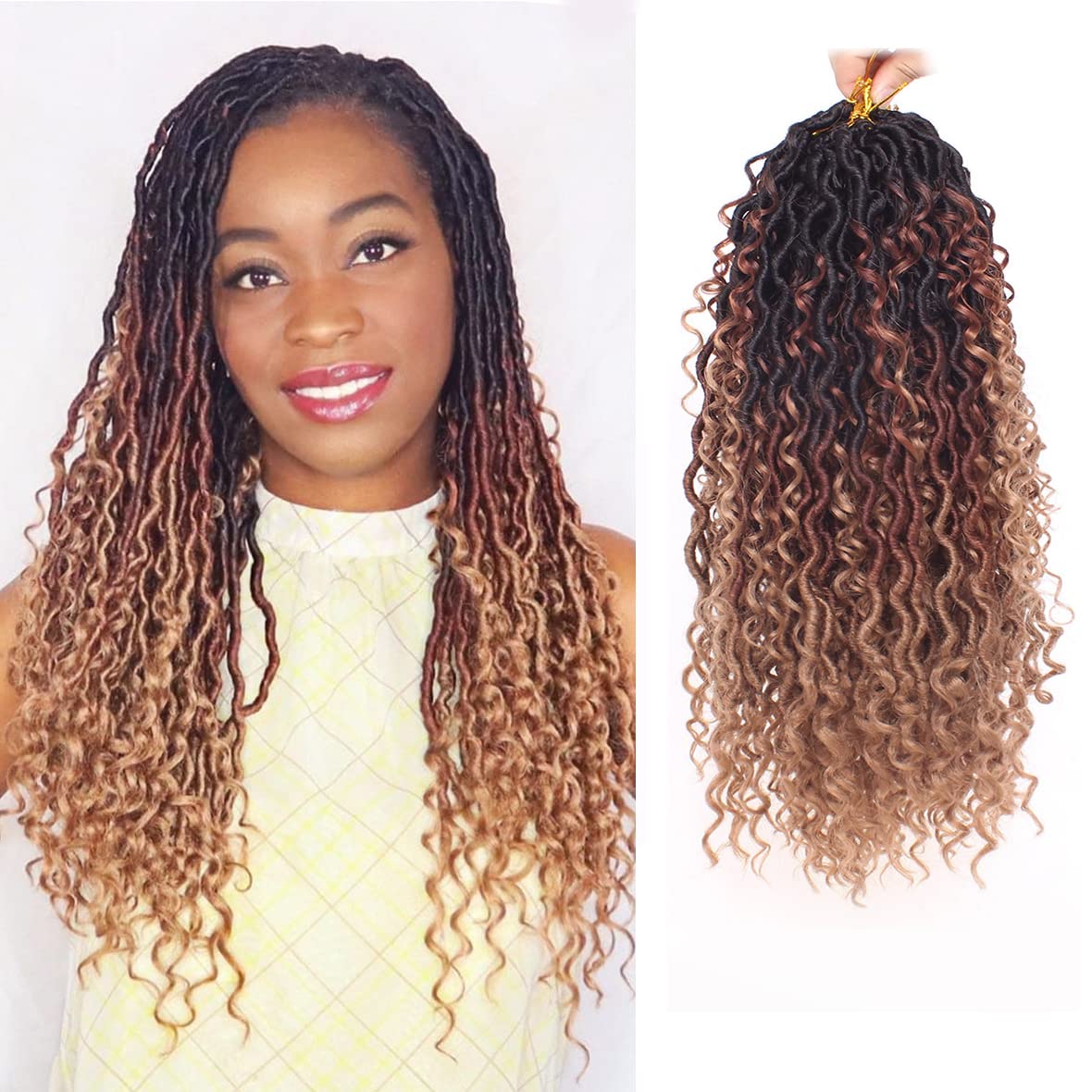 ZRQ8 Packs 14 Inch Goddess Locs Crochet Hair Ombre Boho Faux Locs, 3 Tone Curly Boho Faux Locs Crochet Hair,Pre Looped Hippie Locs Hair Extension For Women 1B3027#