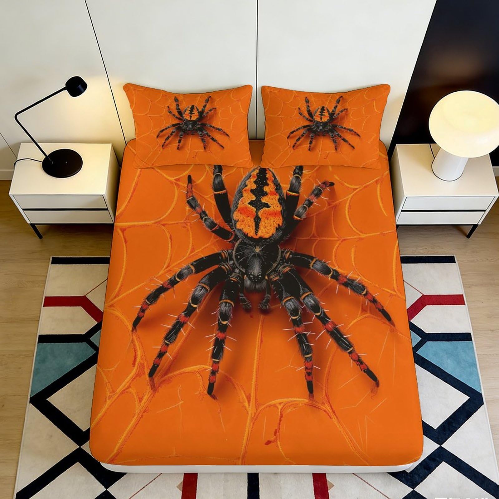 3D Printed Spider Web Fitted Sheet Microfiber Soft Breathable Orange Bed Cover with Tarantula Design Mattress Cover for Bedroom Dormitory Guest Room 120x200x25cm