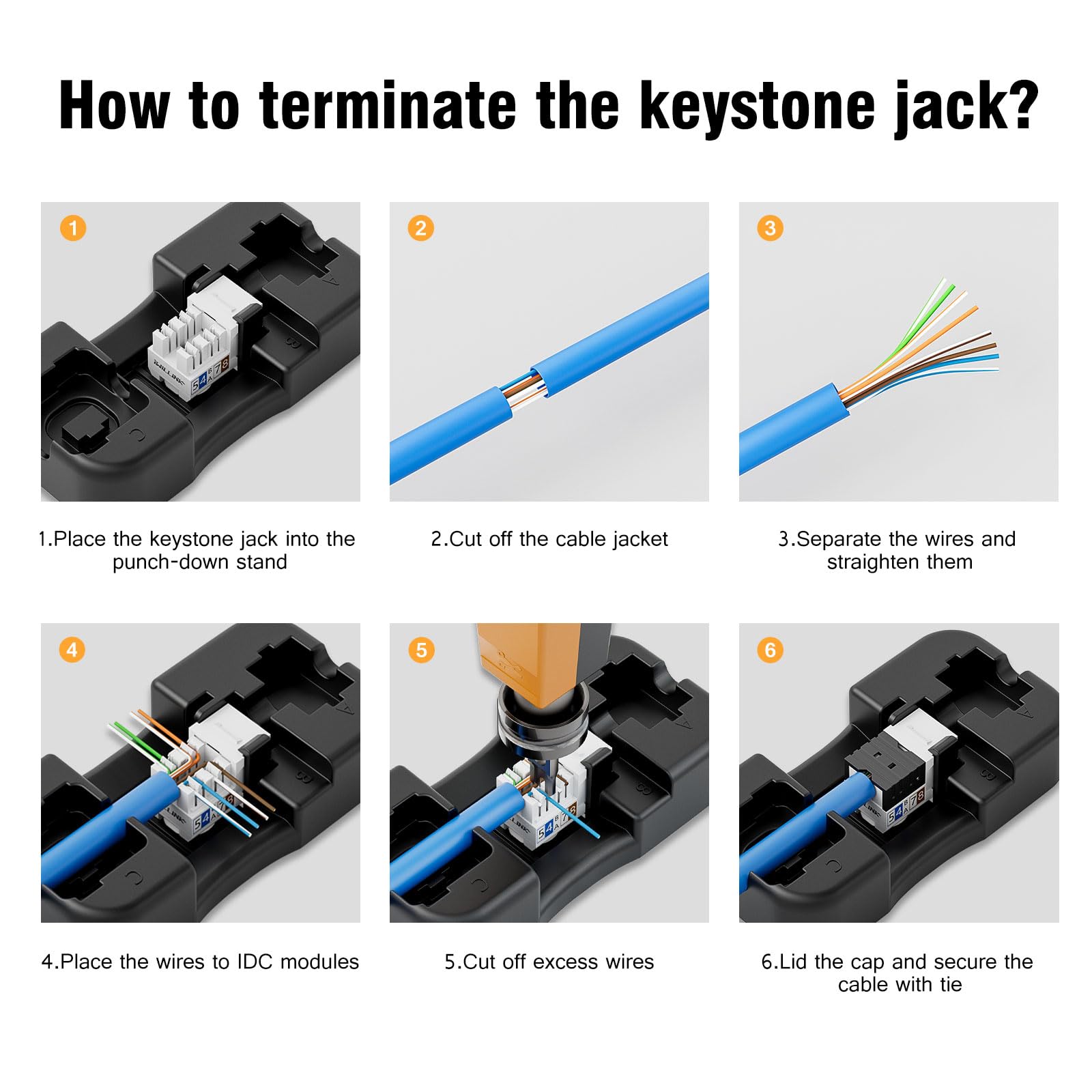 iwillink Lot de 25 prises Keystone 10 Gbit/s, prise RJ45 Keystone et support Keystone Punch-down, insert jack Ethernet modulaire UTP à 90 degrés, adaptateur Keystone Punch Down (blanc, catégorie 6A)