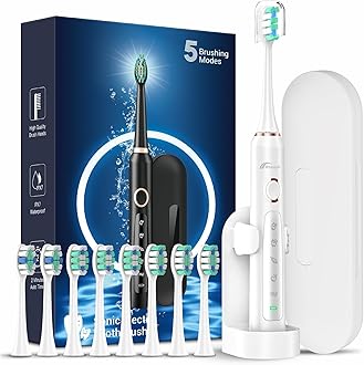 Rtauys M5 Sonic Electric Toothbrush for Adults - Rechargeable Electric Toothbrushes with 8 Brush Heads & Travel Case,Power Electric Toothbrush with Holder, 3 Hours Charge for 120 Days - White