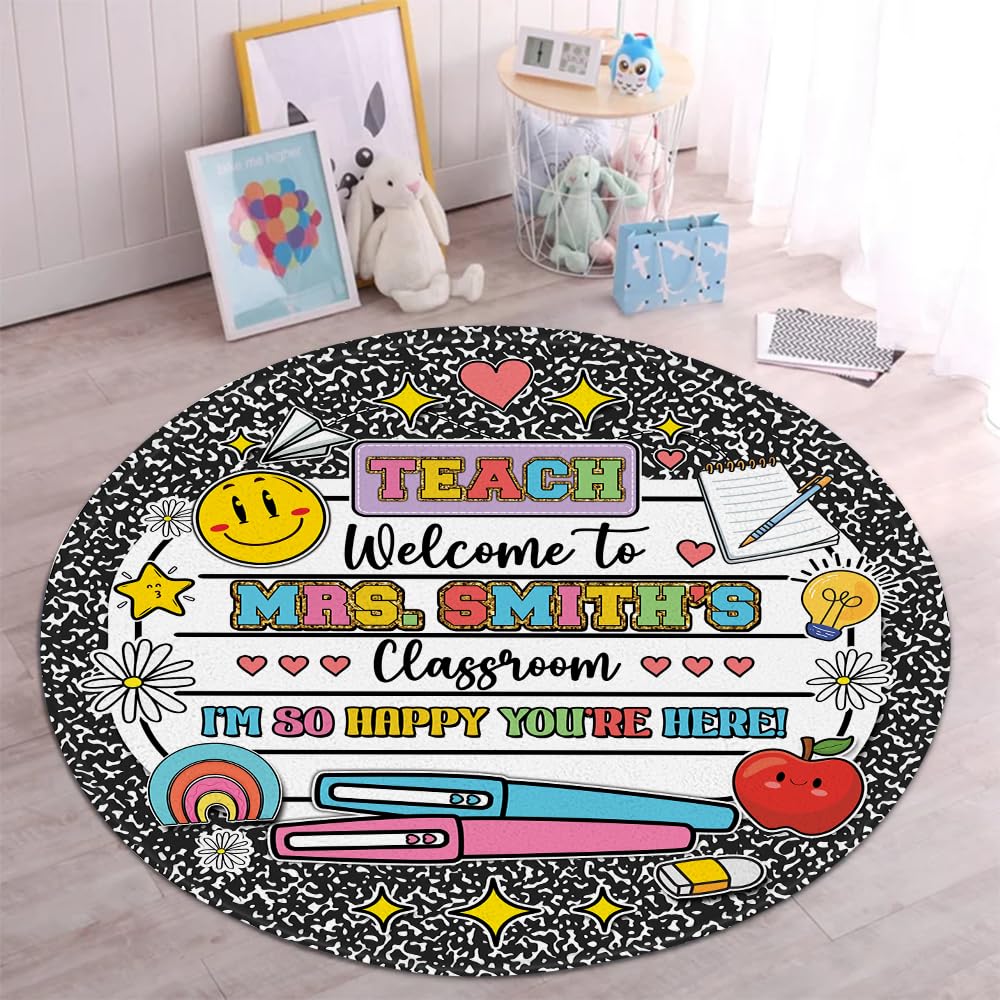 Custom Composition Notebook Classroom Rug, Personalized Teacher Name Carpet, Round Welcome Mat for Kids, Back to School for Preschool Elementary Decor
