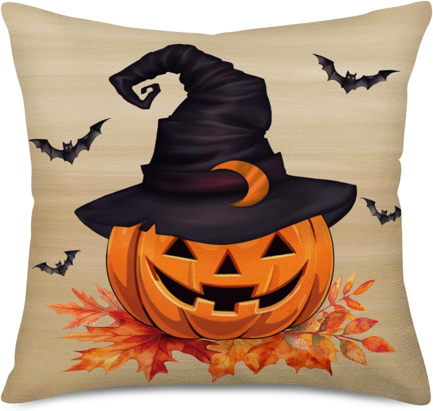 Fukeen Halloween Party Throw Pillow Cover Scary Pumpkin Wearing Witch Hat, Bat, Autumn Maple Leaf Throw Pillows Cushion Cover Cotton Linen Festival Haunted House Decorations Pillowcase Square 18"x18"