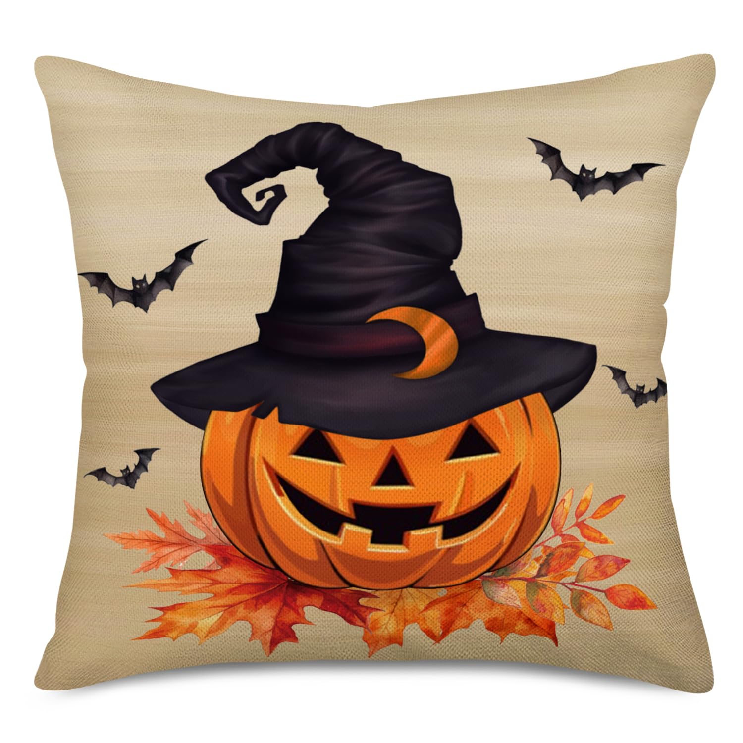Fukeen Halloween Party Throw Pillow Cover Scary Pumpkin Wearing Witch Hat, Bat, Autumn Maple Leaf Throw Pillows Cushion Cover Cotton Linen Festival Haunted House Decorations Pillowcase Square 18"x18"