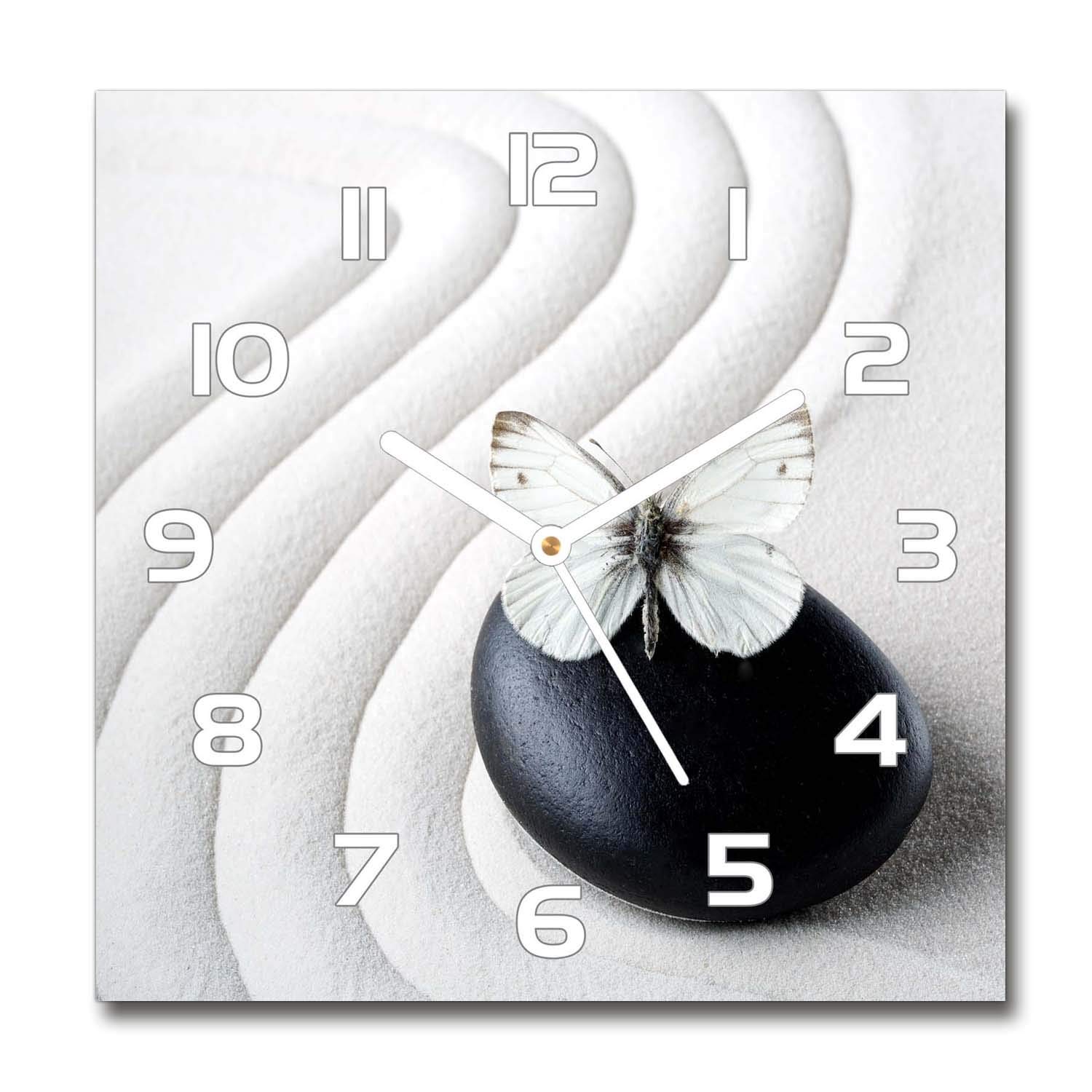 Horloge en verre 30x30 cm Tulup silencieuse sur pied avec motif de pierre zen et papillon
