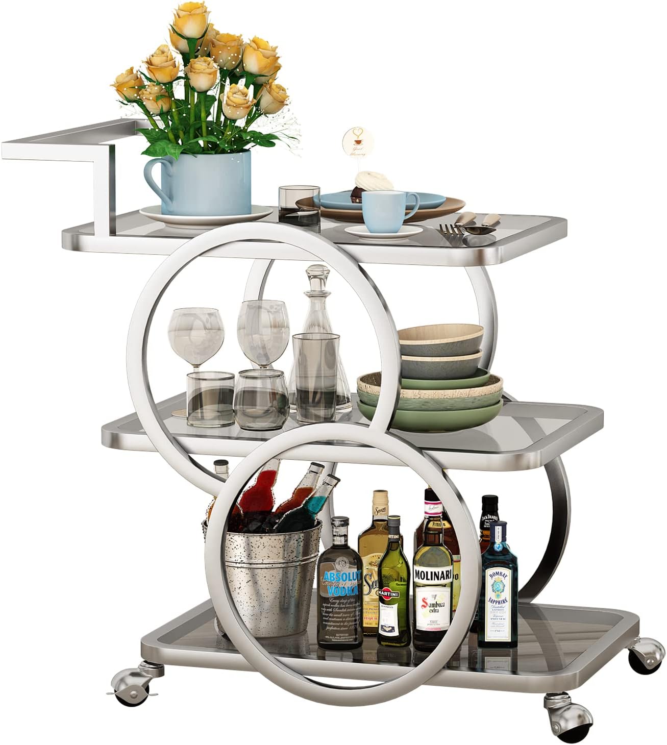 OuQinDesign Unique Silver Bar Carts with 3 Tier Mirrored Shelves
