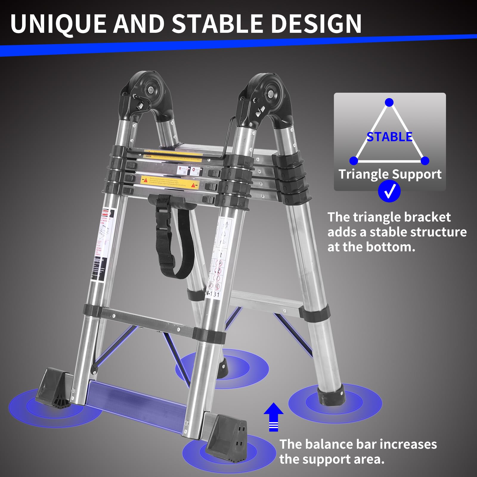 3,2 m (1,6 m + 1,6 m) Teleskopleiter, Aluminium, Teleskopisch, Mit Mobilen Rollen Und Stabilisator, Tragbar, A-Rahmen, Multifunktional, Tragfähigkeit 150 Kg (Silber)