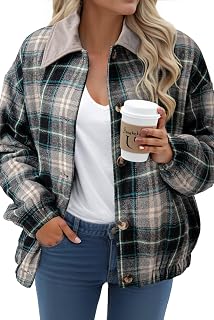 Womens Flannel Plaid Shacket Jackets Corduroy Collar Long Sleeve Button Down Fleece Jackets Warm Coat
