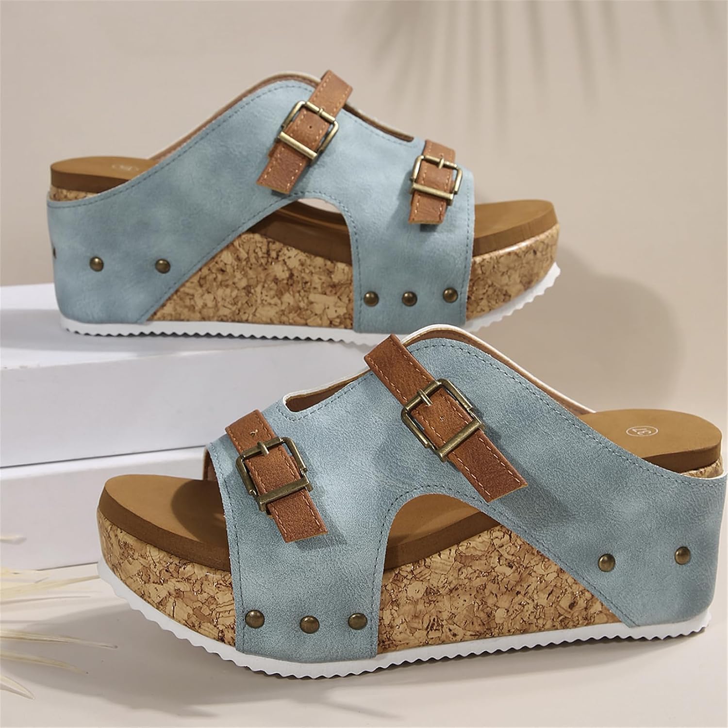 Women's Leather Slip On Wedge Platform Sandals Easy Wear Orthopedic Comfort Non Slip Adjustable Buckle Straps Open Toe Casual Dressy Summer Beach Outdoor Slides