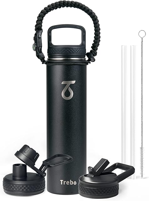 Trebo Stainless Steel Water Bottle with Straw 700 ml Insulated Water Bottle Leakproof Double Wall Spout Handle Lids Food-Grade Keeps Drinks Cold for 48h Paracord Handle Perfect for Travel Work Sports