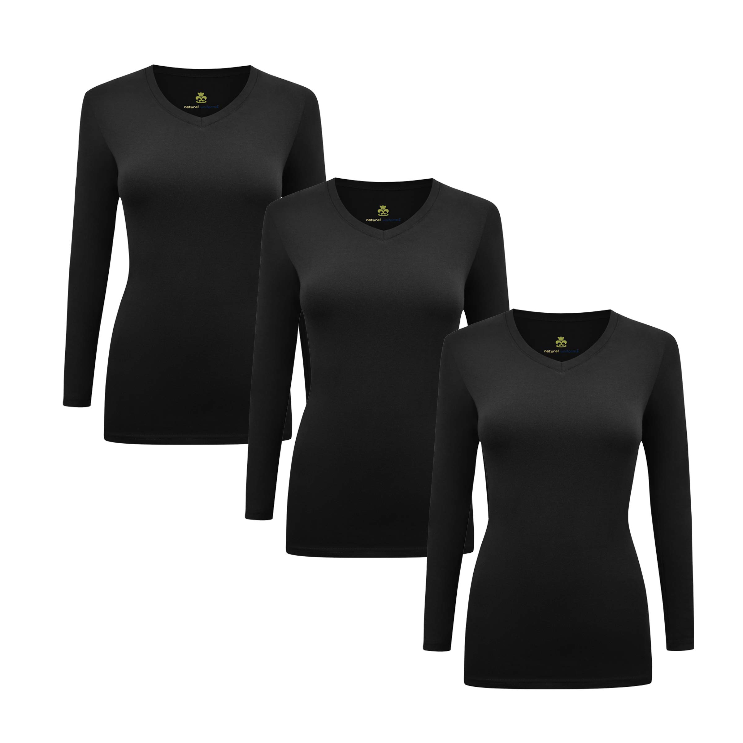 M&M SCRUBS Women's Under Scrub Tee V-Neck Long Sleeve T-Shirt - 3 Pack (Black, Large)