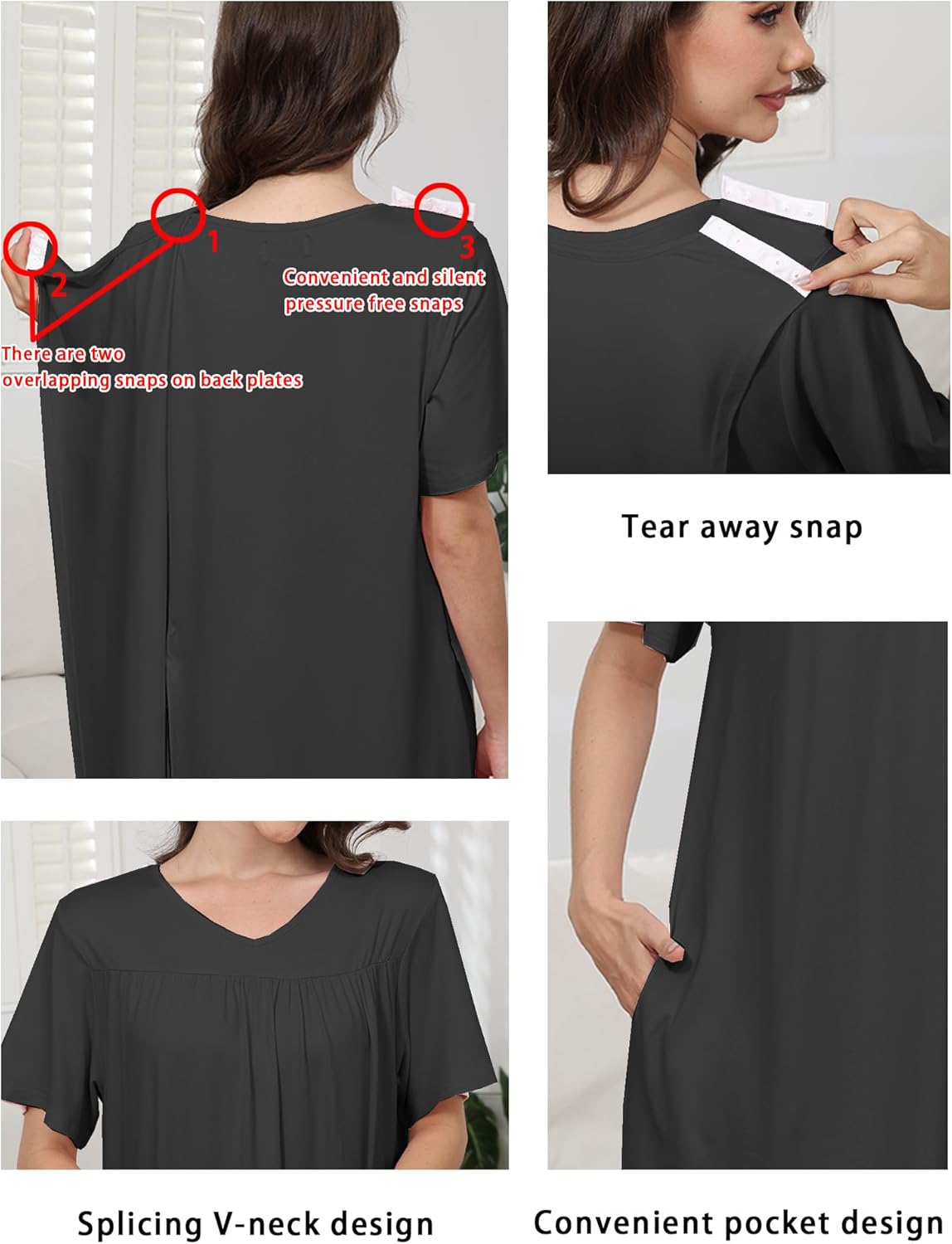 Hospital Gowns for Women Open Back Tear Away Snap Post shoulder Dress Short Sleeve Soft Adaptive Clothing with Pockets - Image 4