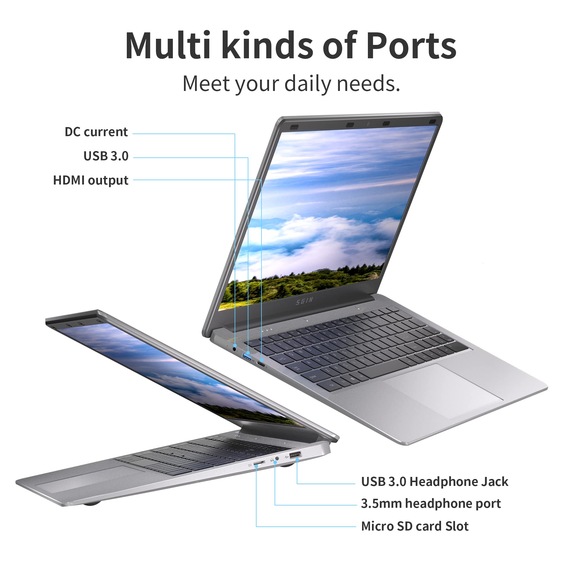 SGIN 15 Pollici PC Portatile Windows 11 Home, 4GB RAM 128GB SSD ROM PC portatile (TF 512 GB), Celeron, HD IPS, USB 3.0, WiFi Dual Bande, Bluetooth 4.2