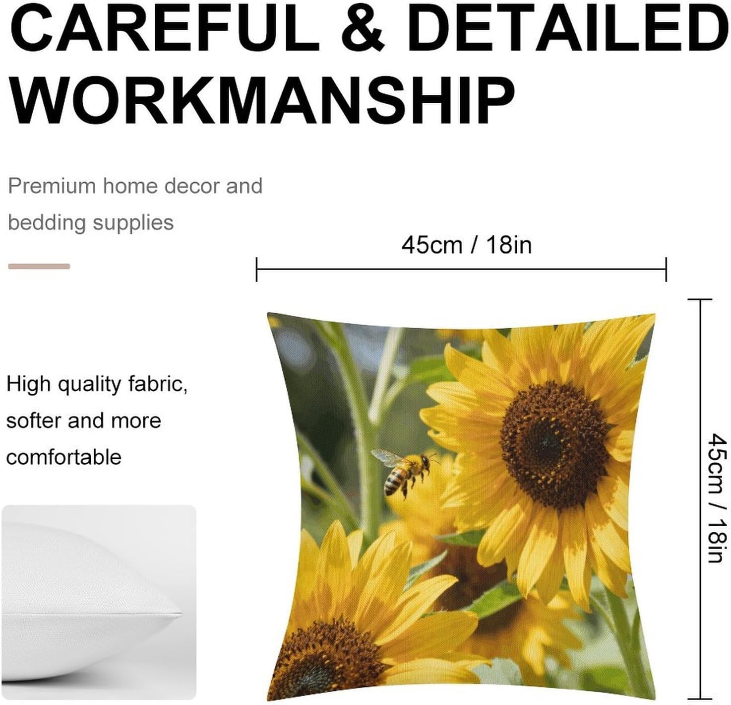 Bees Sunflowers Pillow Protectors Cute Waterproof Pillow Cover Soft Skin-Friendly Cushion Case Decorative Square Cushion Cover for Couch Sofa Bed Living Room Bedroom