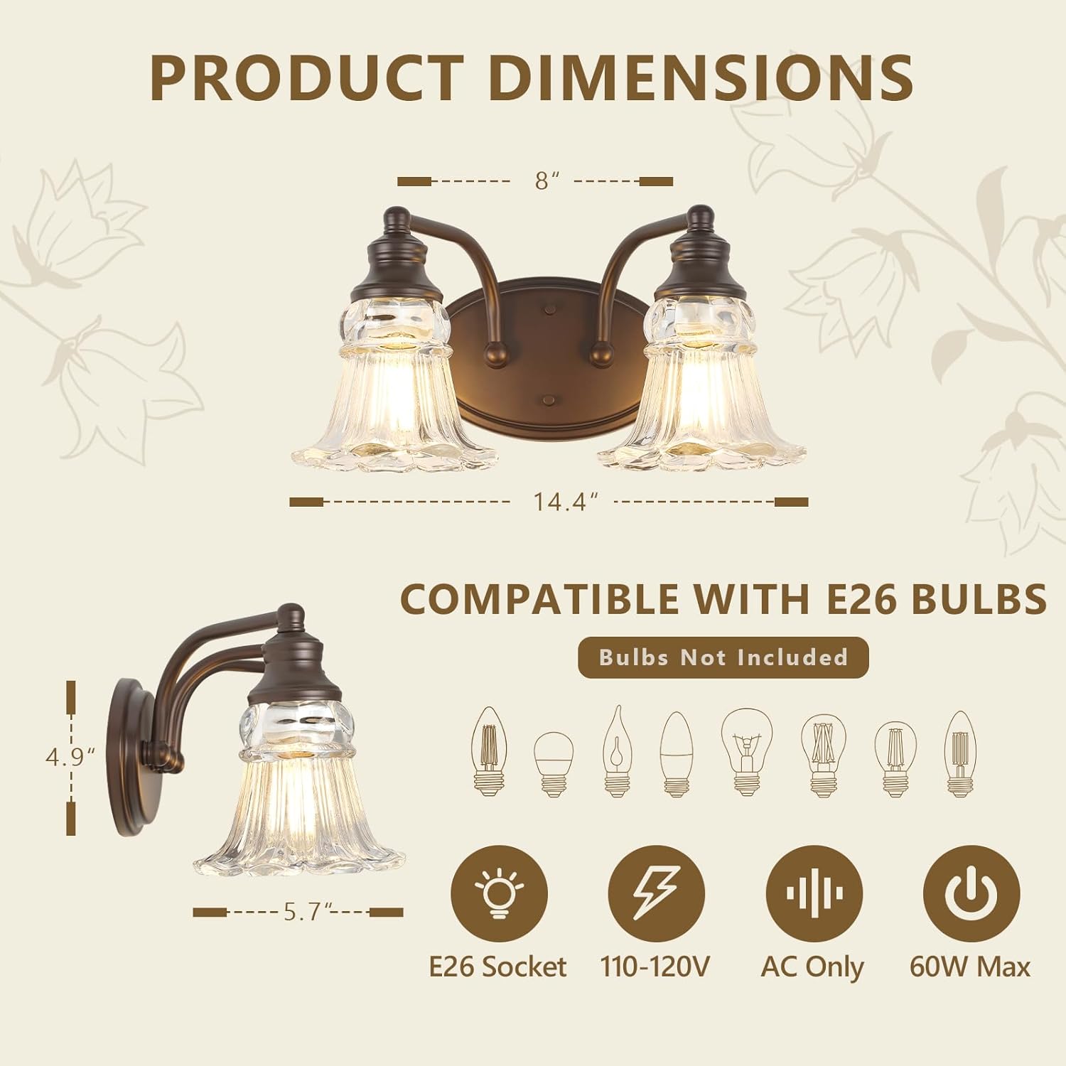2-Light Bathroom Light Fixtures Over Mirror, Vintage Vanity Lights with Clear Floral Glass Shades, Oil Rubbed Bronze