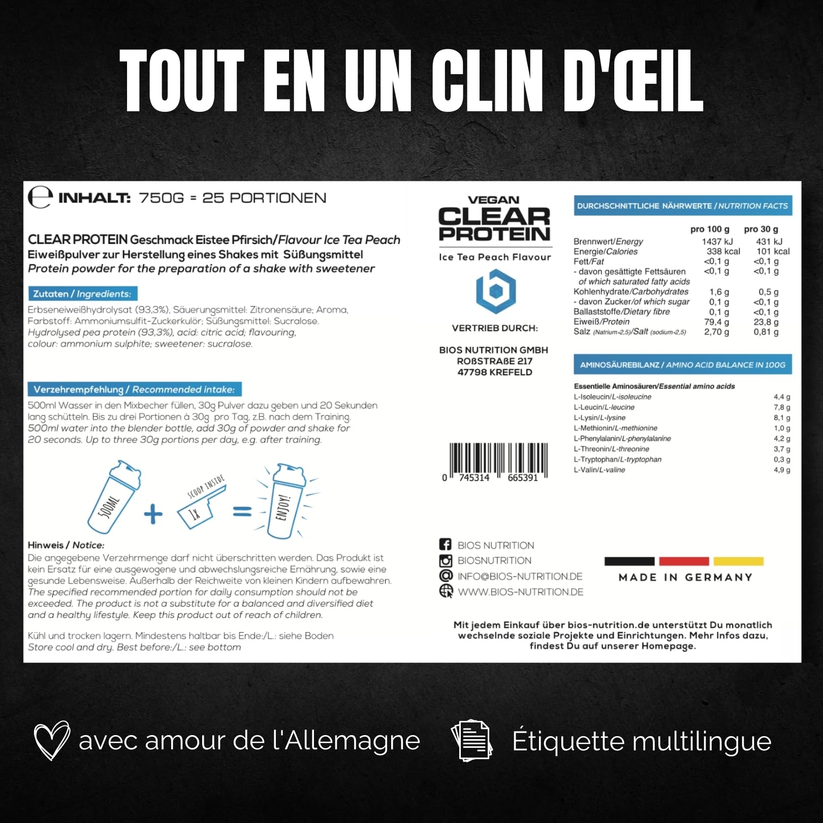 Clear Vegan Protein ICE TEA PÊCHE 750gr - shake incroyablement délicieux & rafraîchissant - Clear Whey Protein Alternative avec hydrolysat de protéines de pois de haute qualité - BIOS Nutrition