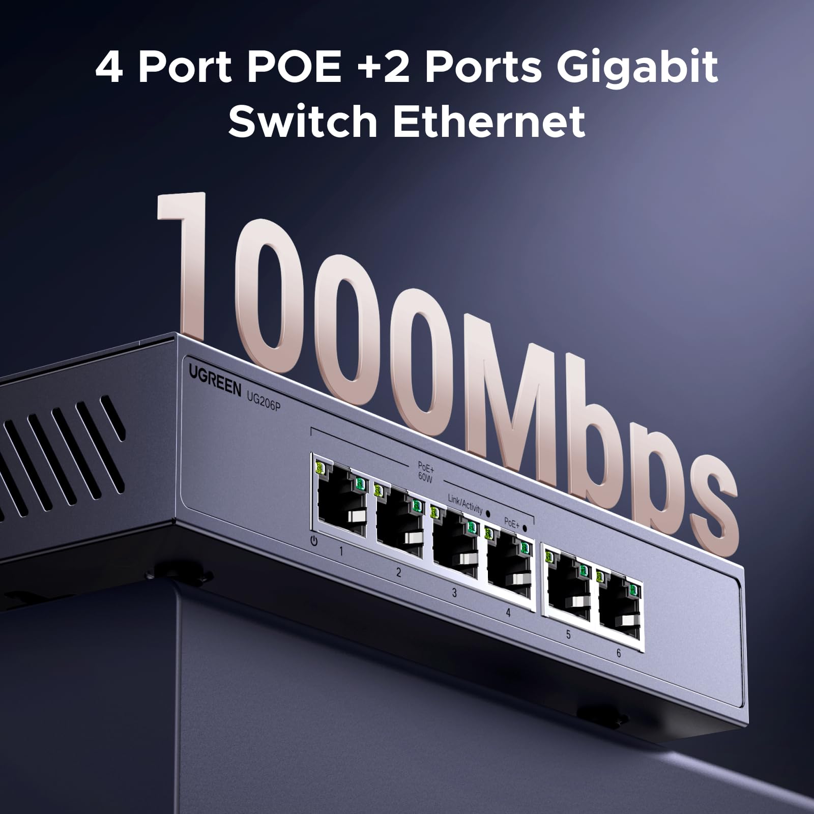 UGREEN Switch Ethernet PoE 6 Ports Gigabit Commutateur RJ45 4 Ports PoE+ | Hub Réseau Boitier Métal 6KV Protection Contre la Foudre pour Bureau et Maison Plug Play Compatible avec PC TV Nas Caméra