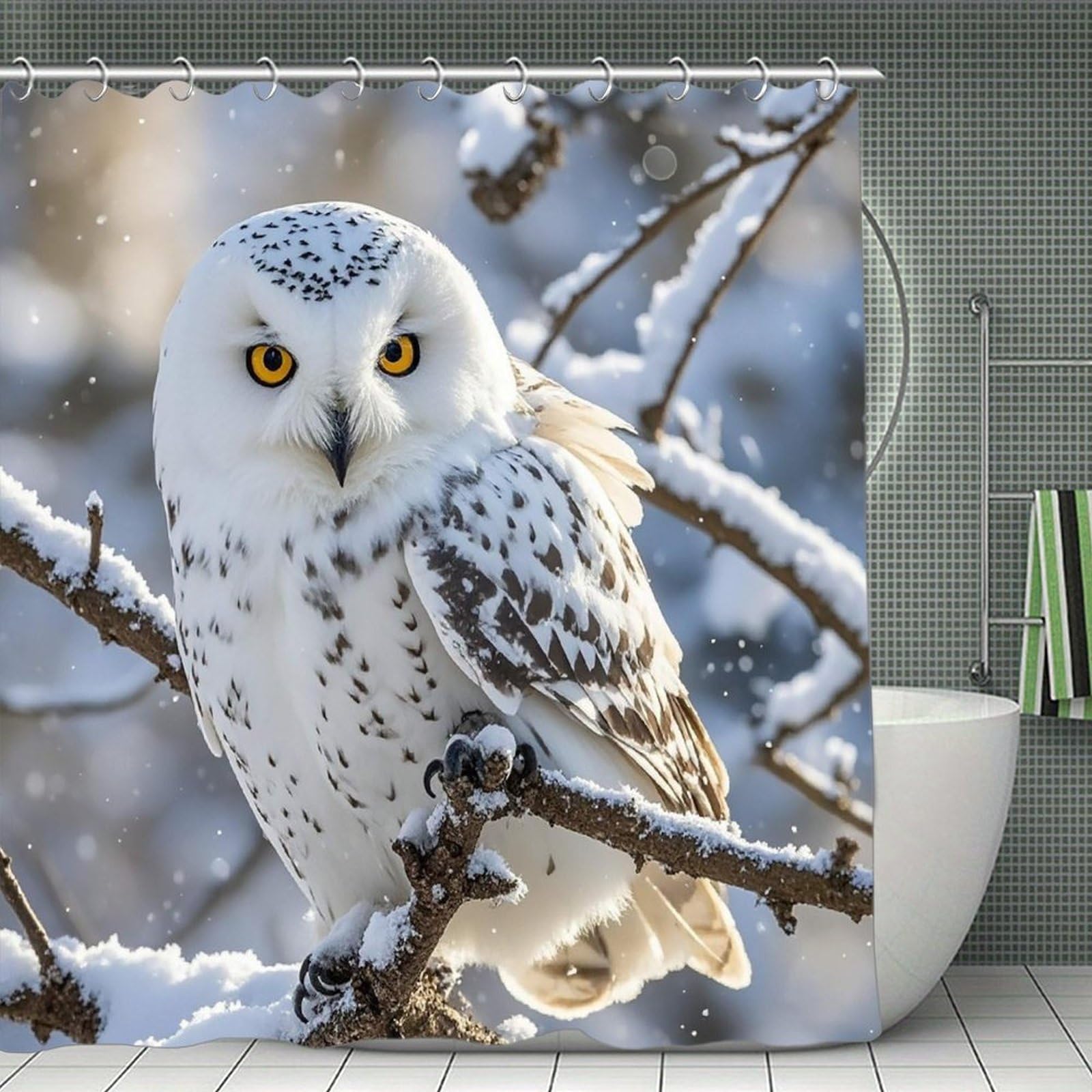 FekiLoot Winter White Owl Shower Curtain Minimalist Aesthetic Bath Curtain with Hooks Simple Water Resistant Bathroom Shower Curtains Cute Blackout Privacy Curtains Cloth Curtain