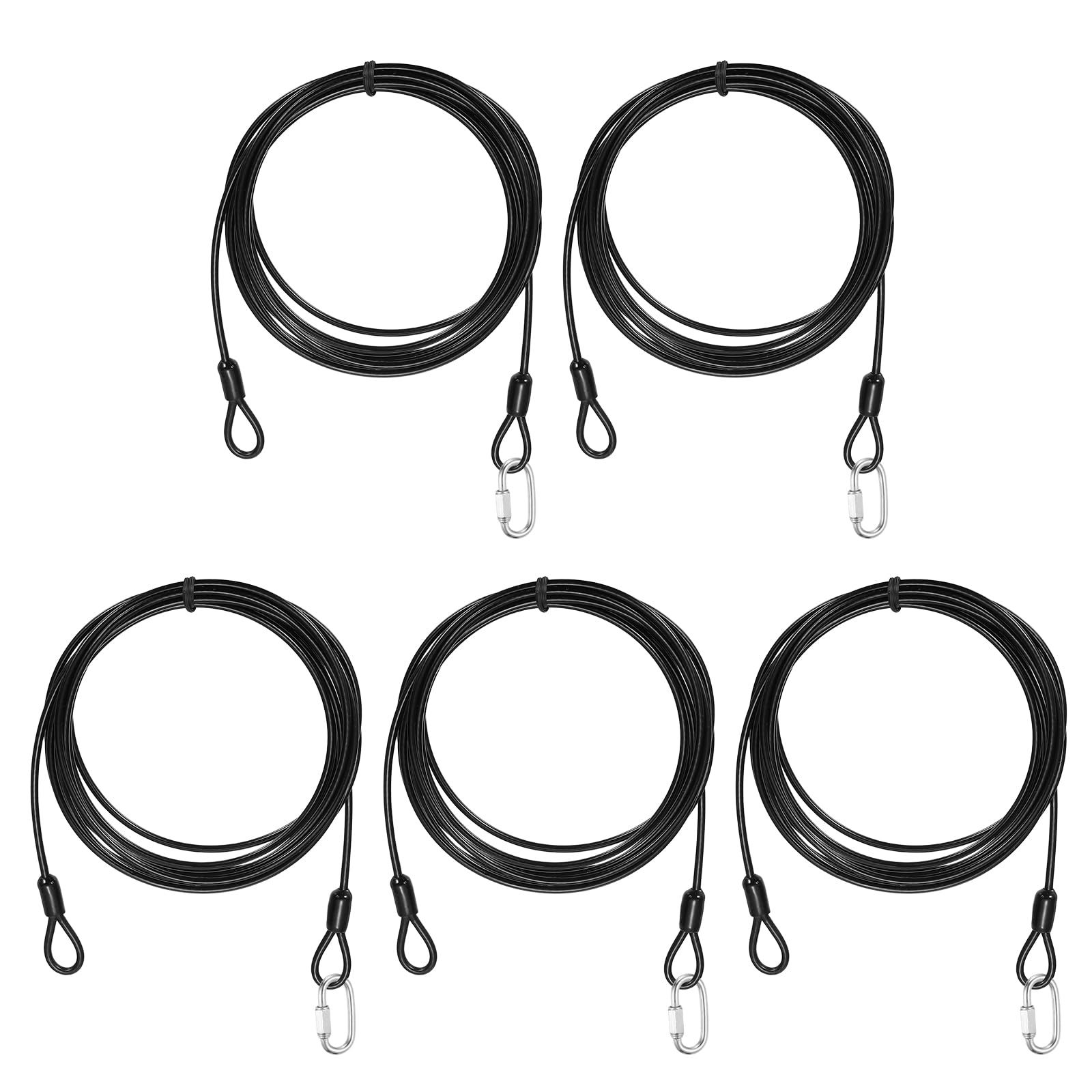 PATIKIL Security Cable Lock (3mm x 3 Meters, 9.8ft, Black)(5 Set) Vinyl Coated 304 Stainless Steel Double Loop Flexible Wire Rope Safety Cable with Quick Links Locking Connectors