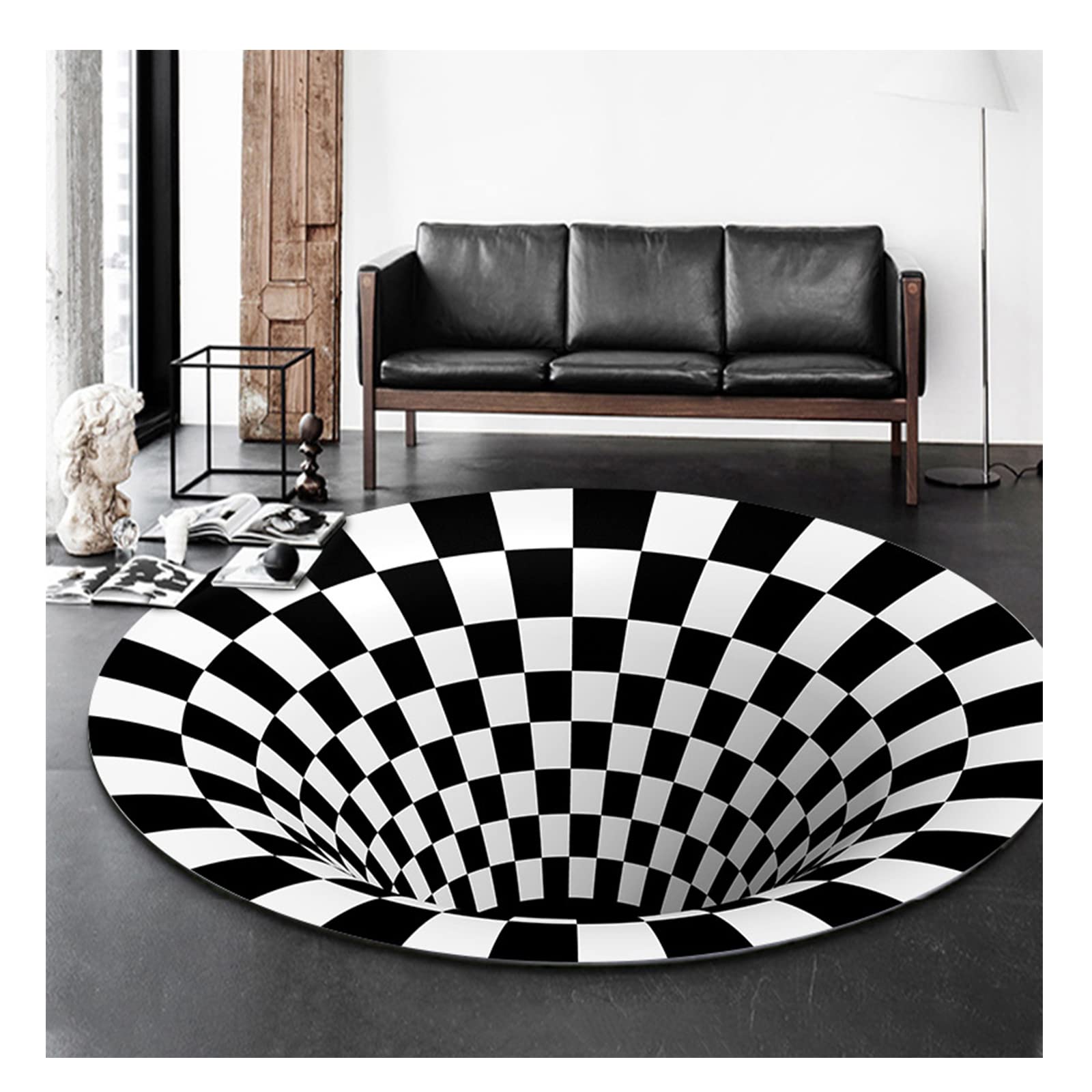 Carpet 3D Illusion Rug Round Black White Area Rug 3D Bottomless Hole Optical Illusion Area Round Carpets Polyester Floor Mat Rug for Living Room