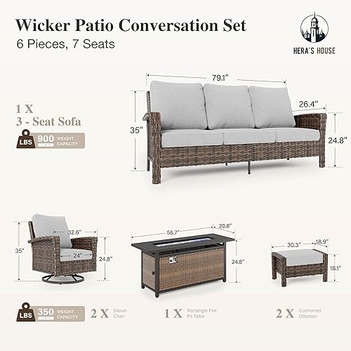 Miniatura 6 de HERA'S HOUSE Juego de muebles de exterior de 8 piezas con mesa para fogata, juego de conversación de patio con cojines de 5.5 pulgadas de grosor y