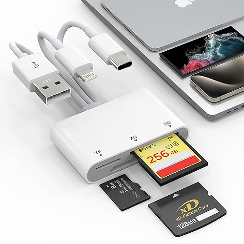 XD Card Reader, SD Card Reader for iPhone, 3 in 1 SD/TF/XD Picture Reader for Lightning/USB C/USB A Device, Lightning+USB A+USB C xd Picture Card Adapter for iPhone 16/15/14/13/iPad/PC/Android - White