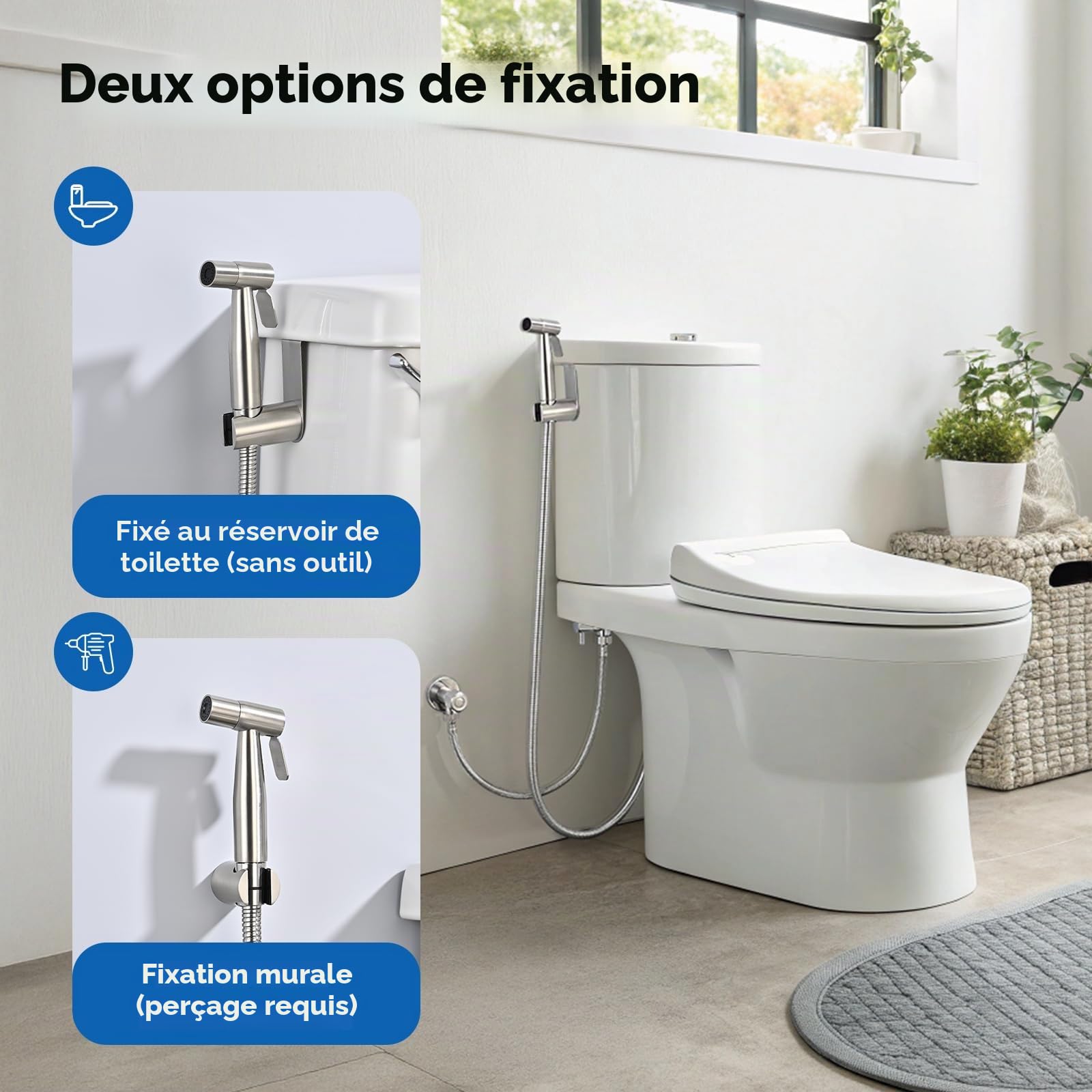 Douchette Toilette, WC Kit Complet,Kit WC, Pulvérisateur Pour l'hygiène Personnelle Quotidienne, Pomme de Douche Toilette avec Tuyau, Adaptateurs G1/2' et G3/8', Argent