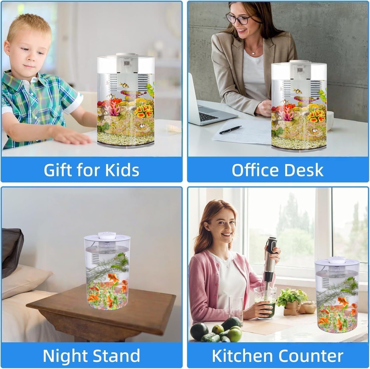 Desktop Fish Tank 3 Gallon Self-Cleaning, Nano Aquarium Goldfish Tank Starter Kit with LED Light & Filter, 360 View for Small Fish, Kids Room & Home Decor (17Color Modes, Large)